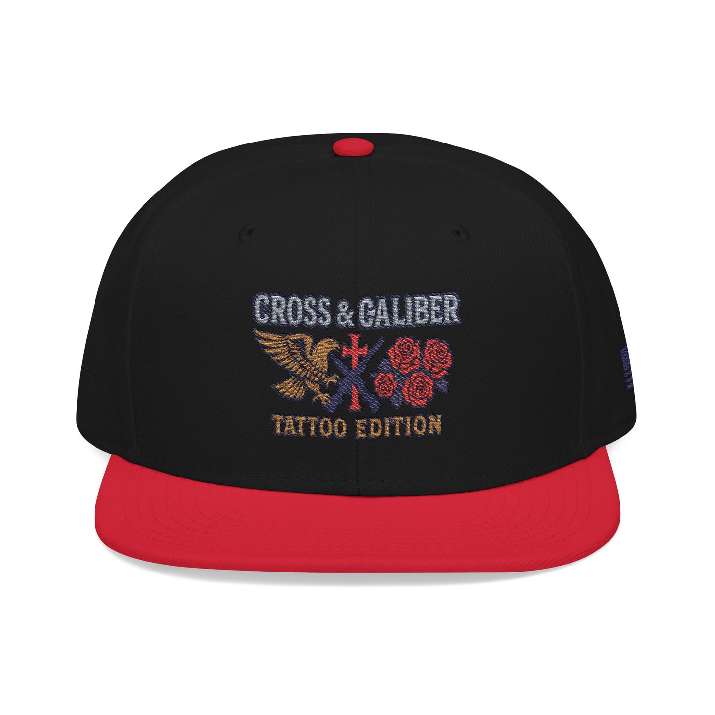 Embroidered Snapback Hat - Cross & Caliber Tattoo Edition