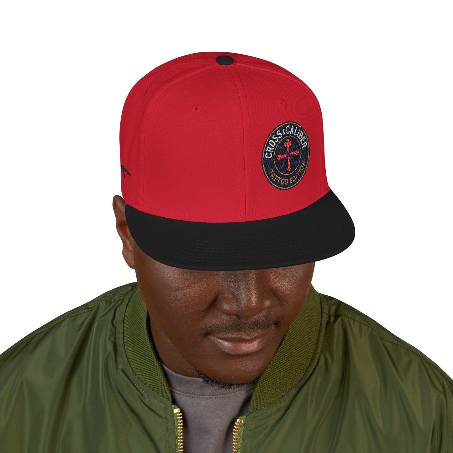 Embroidered Snapback Hat - Cross & Caliber Tattoo Edition