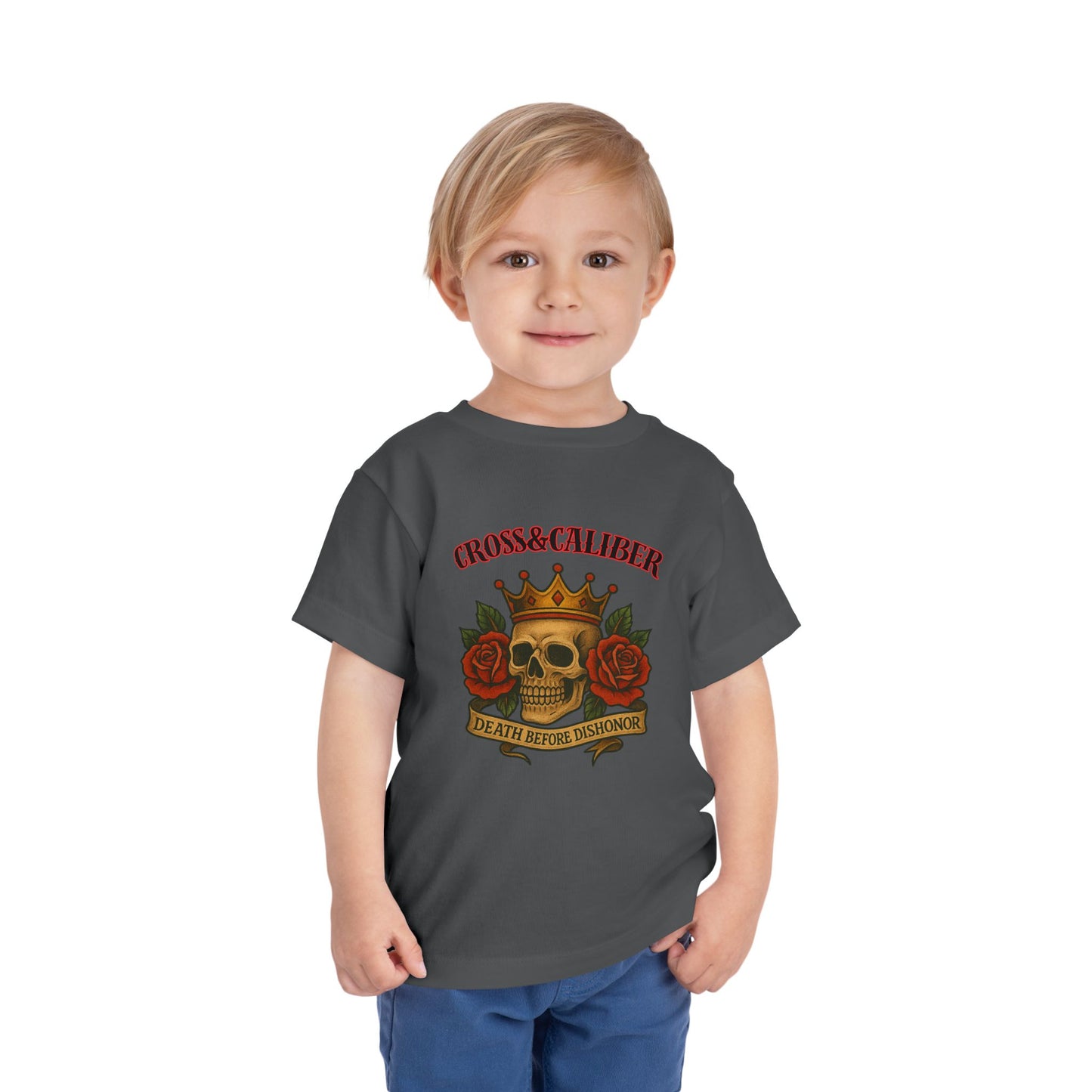 Cool Toddler T-Shirt: Cross & Caliber, Death Before Dishonor, Skull and Roses, Trendy Kids Tee, Unique Gift for Boys & Girls