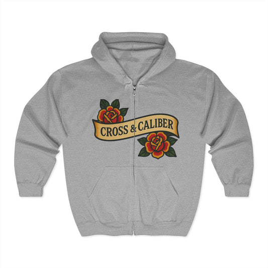 Cross & Caliber Heavy Blend Zip Hoodie - Skull & Roses Design