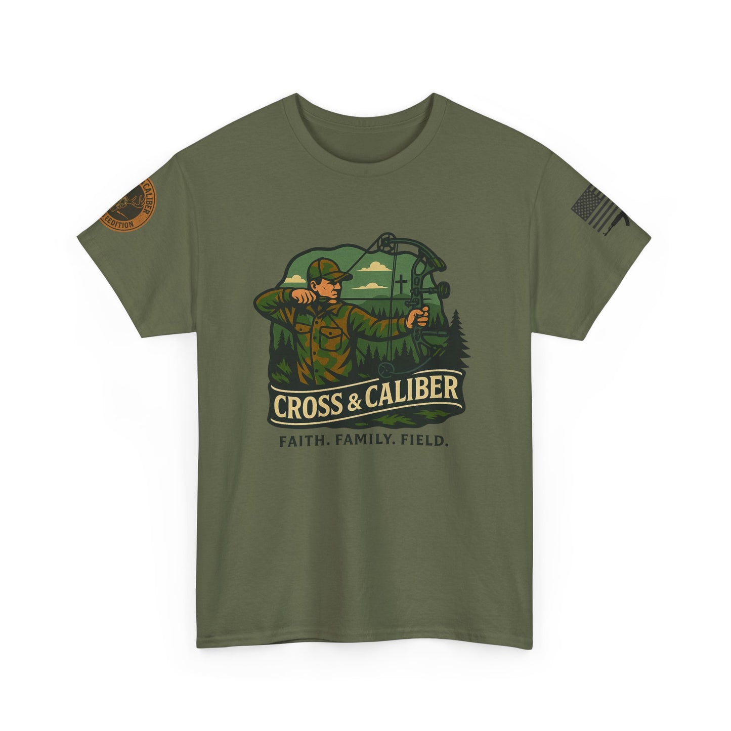 Faith Family Field Unisex Heavy Cotton Tee, Hunting Shirt, Outdoor Lover Gift, Men's Tee, Casual Wear, Patriotic Apparel, Adventure Outfit