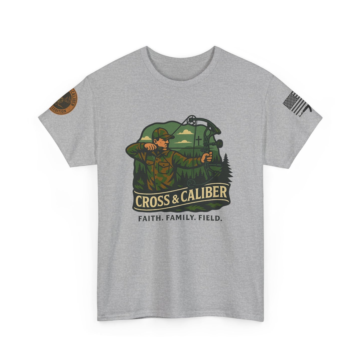 Faith Family Field Unisex Heavy Cotton Tee, Hunting Shirt, Outdoor Lover Gift, Men's Tee, Casual Wear, Patriotic Apparel, Adventure Outfit
