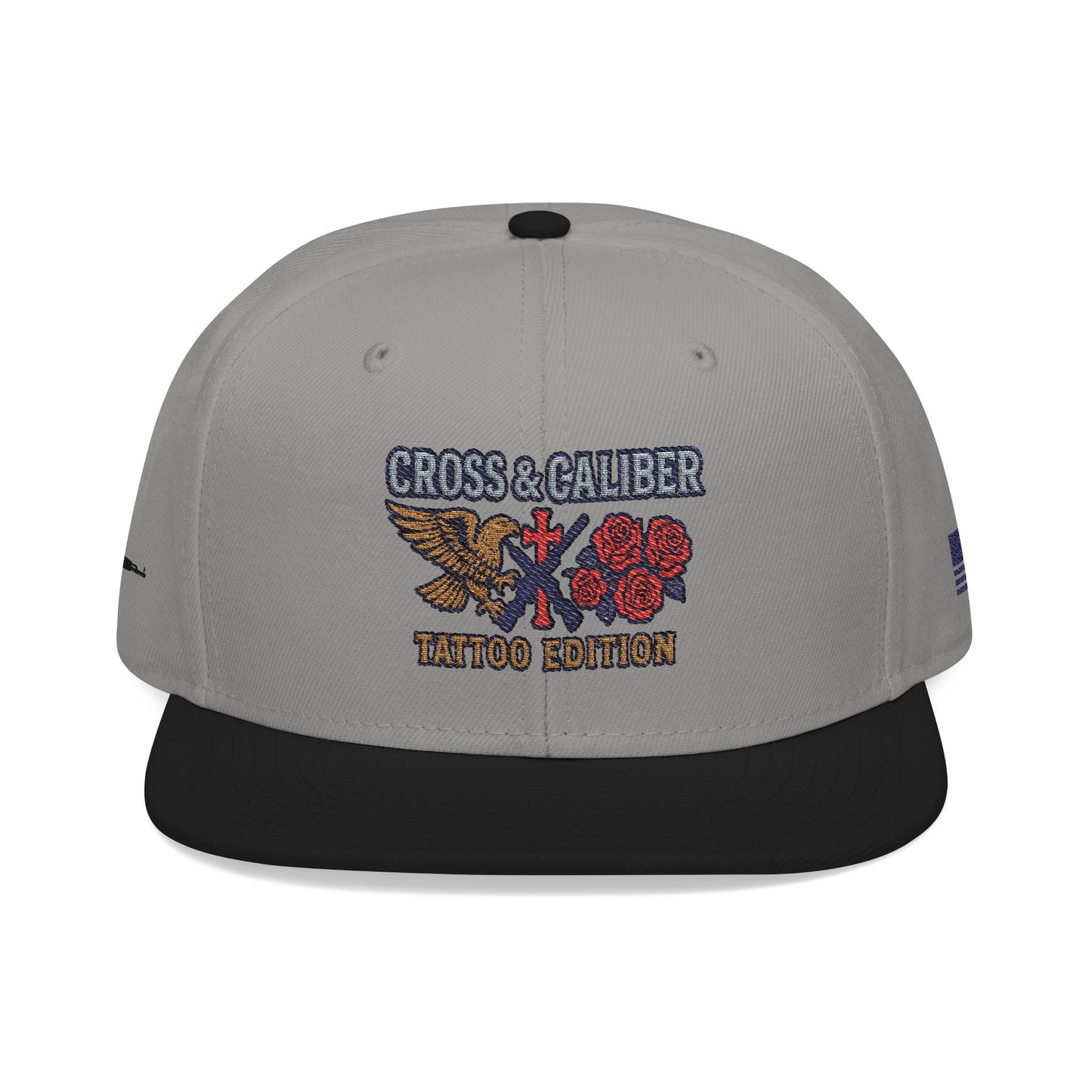 Embroidered Snapback Hat - Cross & Caliber Tattoo Edition