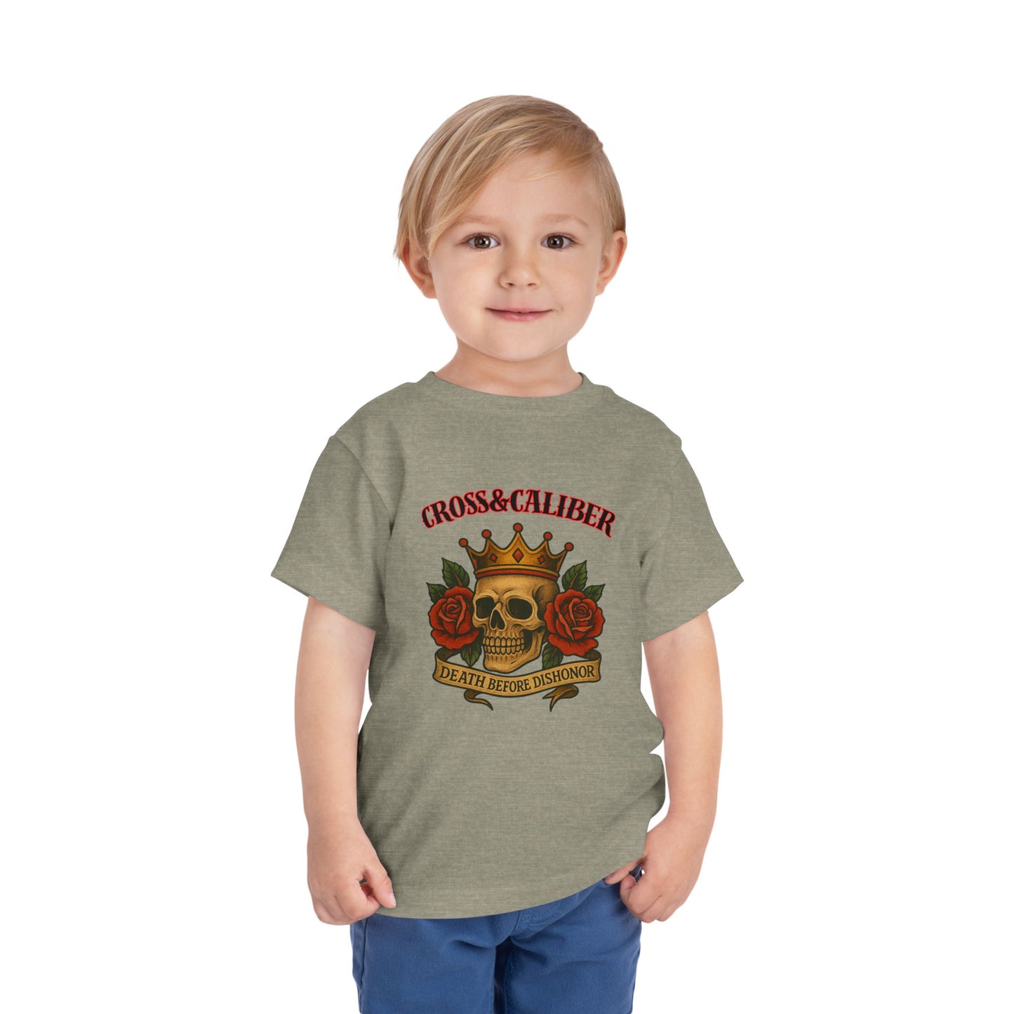 Cool Toddler T-Shirt: Cross & Caliber, Death Before Dishonor, Skull and Roses, Trendy Kids Tee, Unique Gift for Boys & Girls