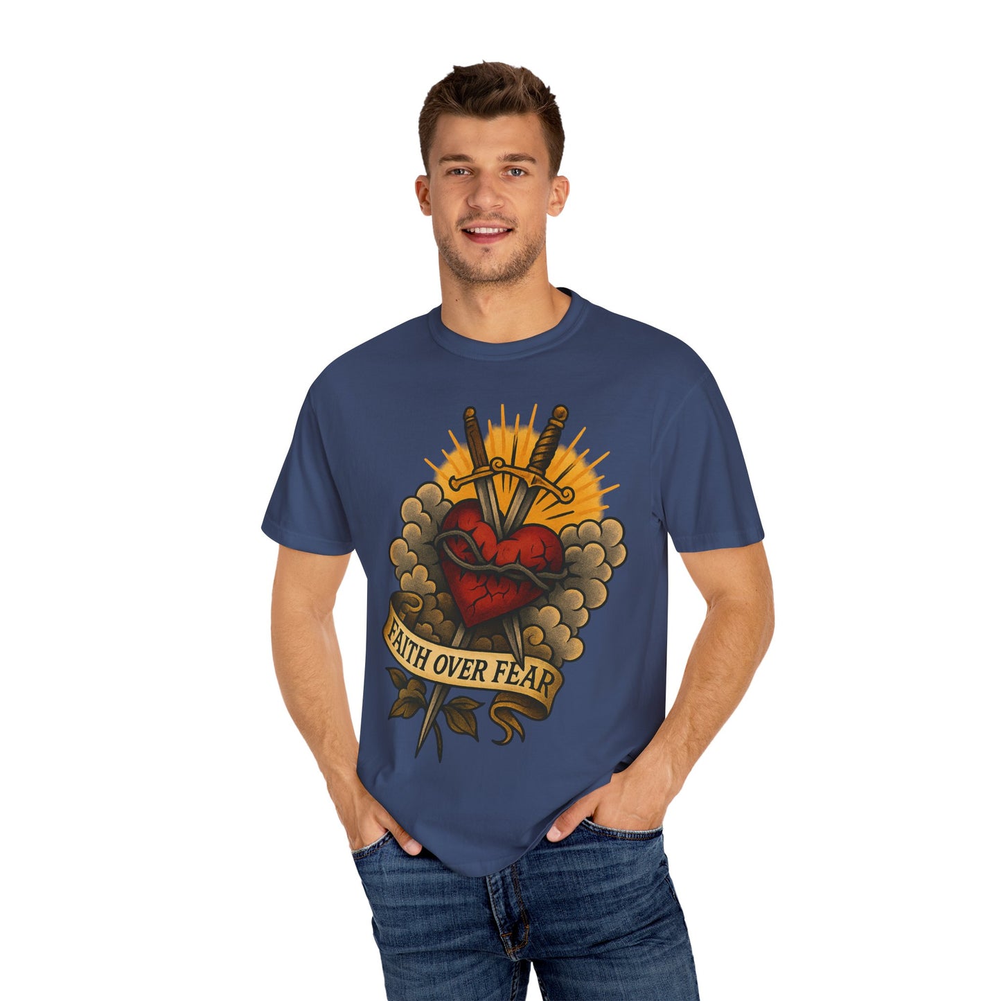 Faith Over Fear Unisex Garment-Dyed T-Shirt - Edgy Heart Design
