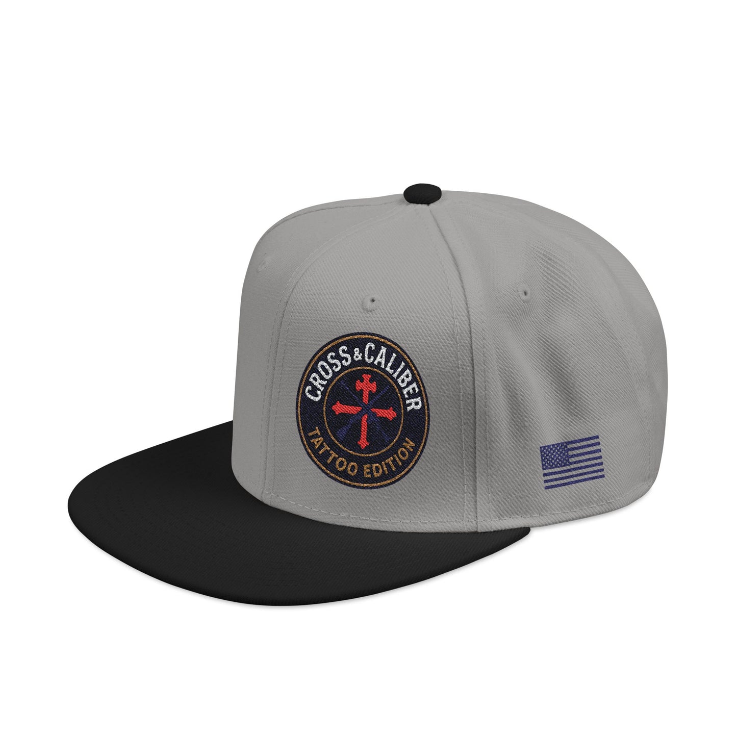 Embroidered Snapback Hat - Cross & Caliber Tattoo Edition
