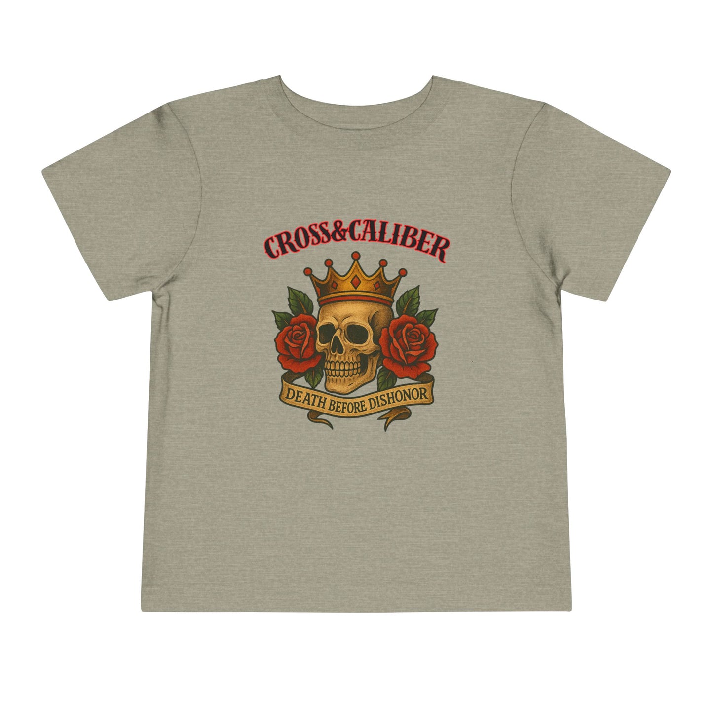 Cool Toddler T-Shirt: Cross & Caliber, Death Before Dishonor, Skull and Roses, Trendy Kids Tee, Unique Gift for Boys & Girls