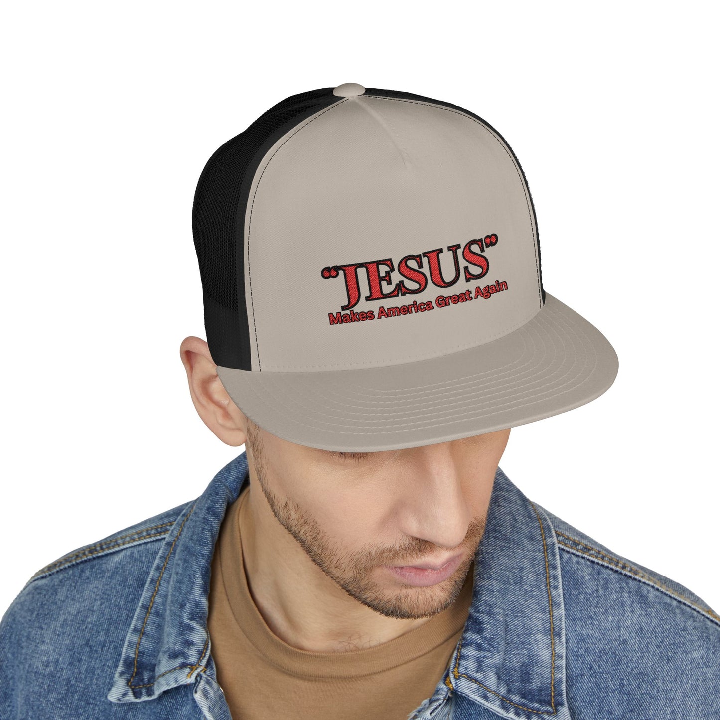'JESUS' Makes America Great Again-Embroidered 5 Panel Trucker Cap