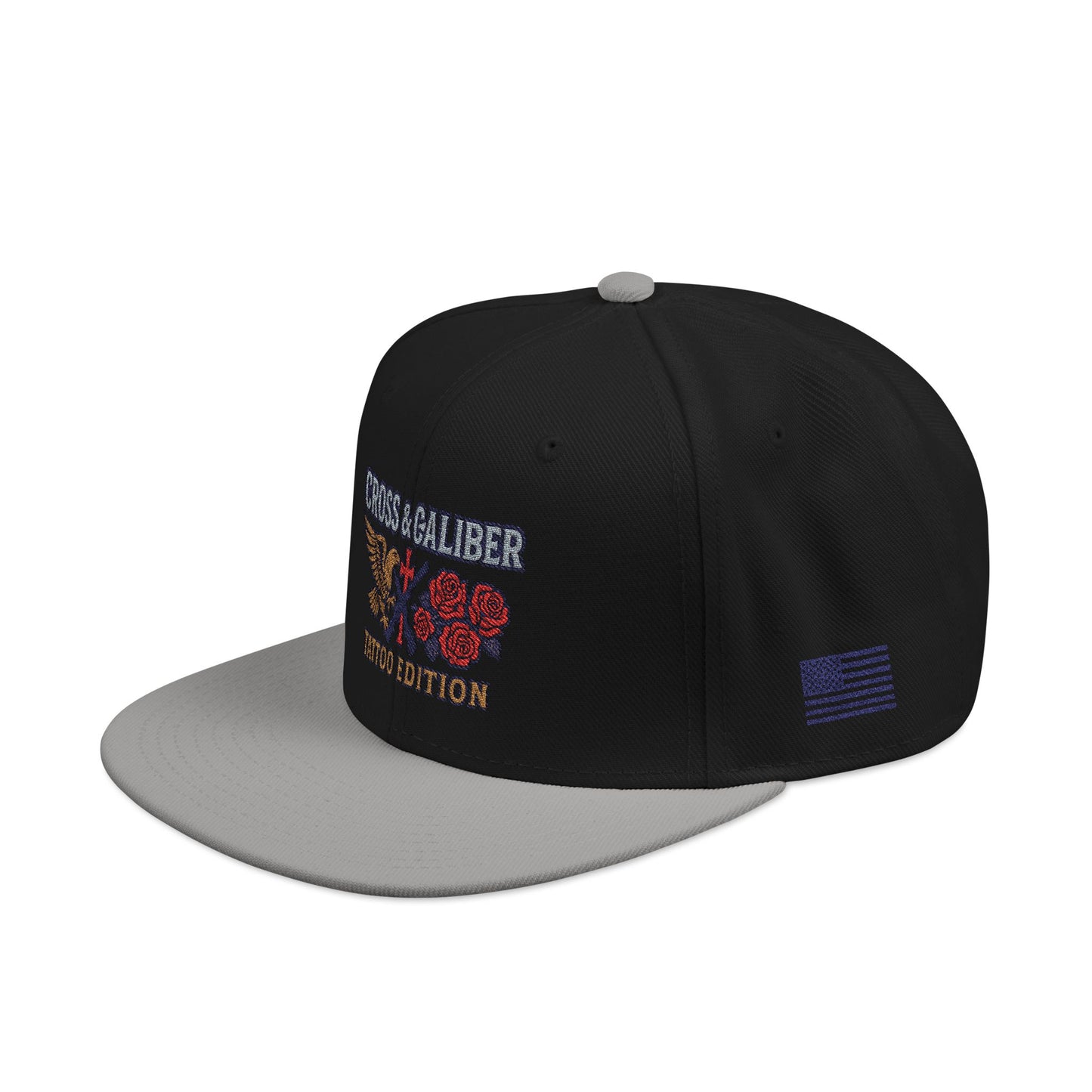 Embroidered Snapback Hat - Cross & Caliber Tattoo Edition