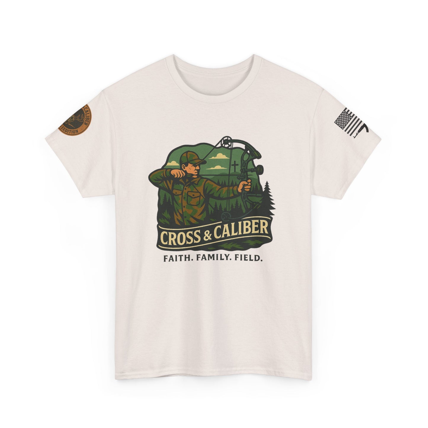 Faith Family Field Unisex Heavy Cotton Tee, Hunting Shirt, Outdoor Lover Gift, Men's Tee, Casual Wear, Patriotic Apparel, Adventure Outfit