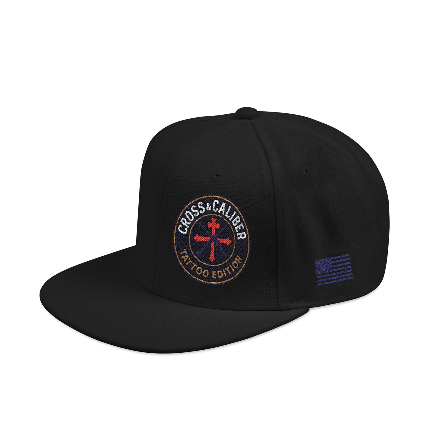 Embroidered Snapback Hat - Cross & Caliber Tattoo Edition