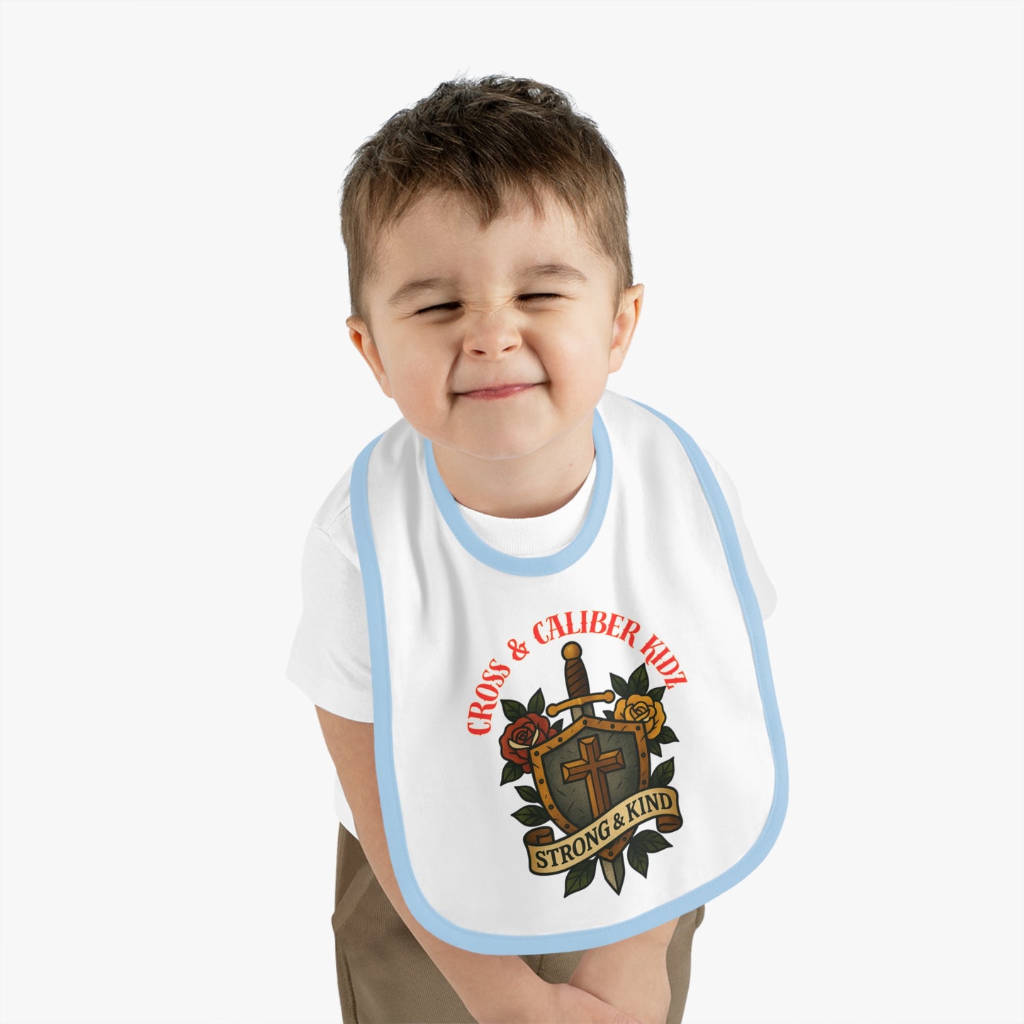 Strong & Kind Baby Bib – Contrast Trim Jersey Design for Toddlers