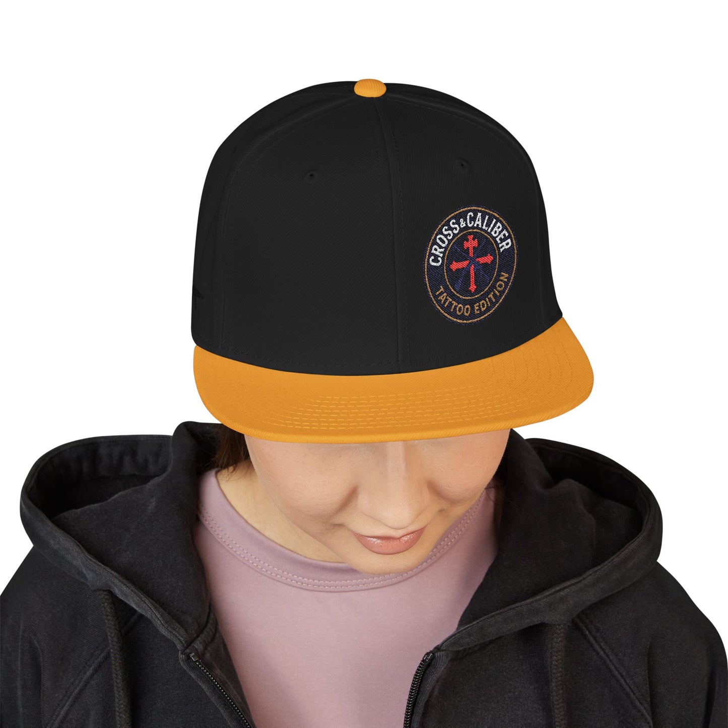 Embroidered Snapback Hat - Cross & Caliber Tattoo Edition