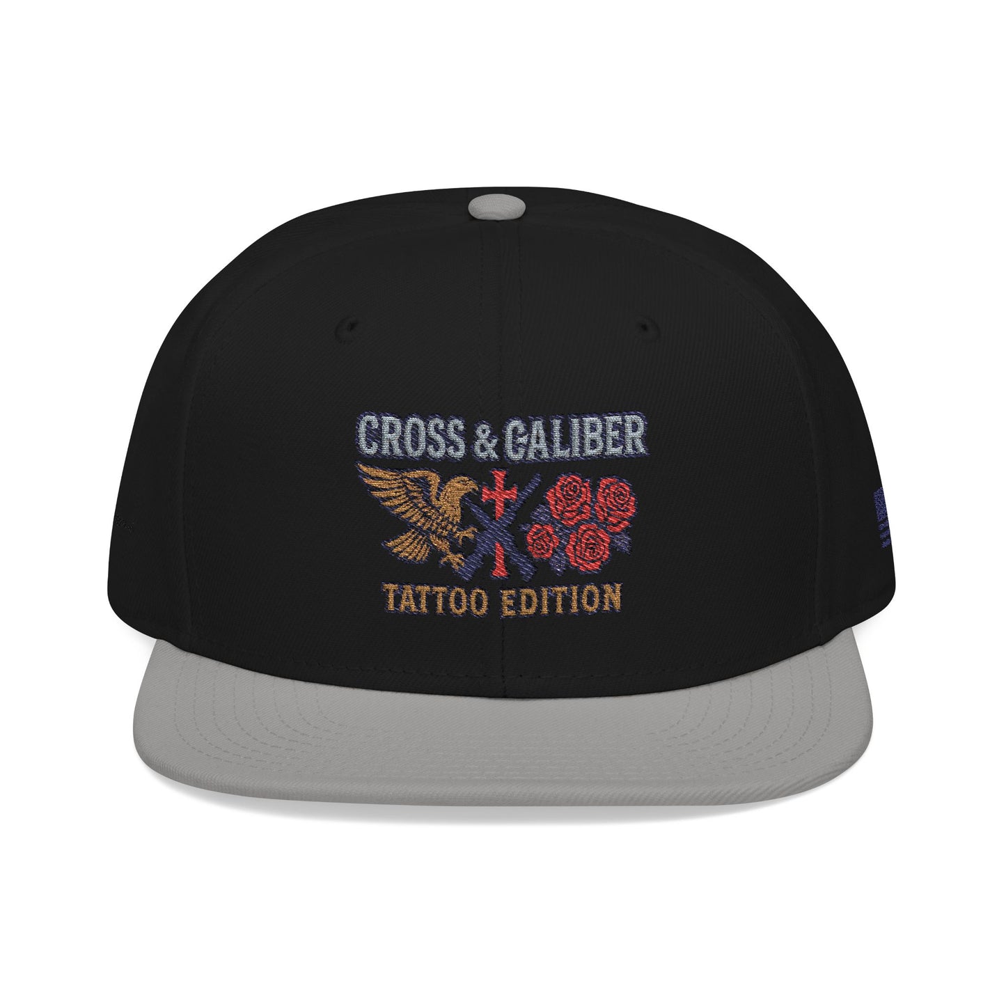 Embroidered Snapback Hat - Cross & Caliber Tattoo Edition