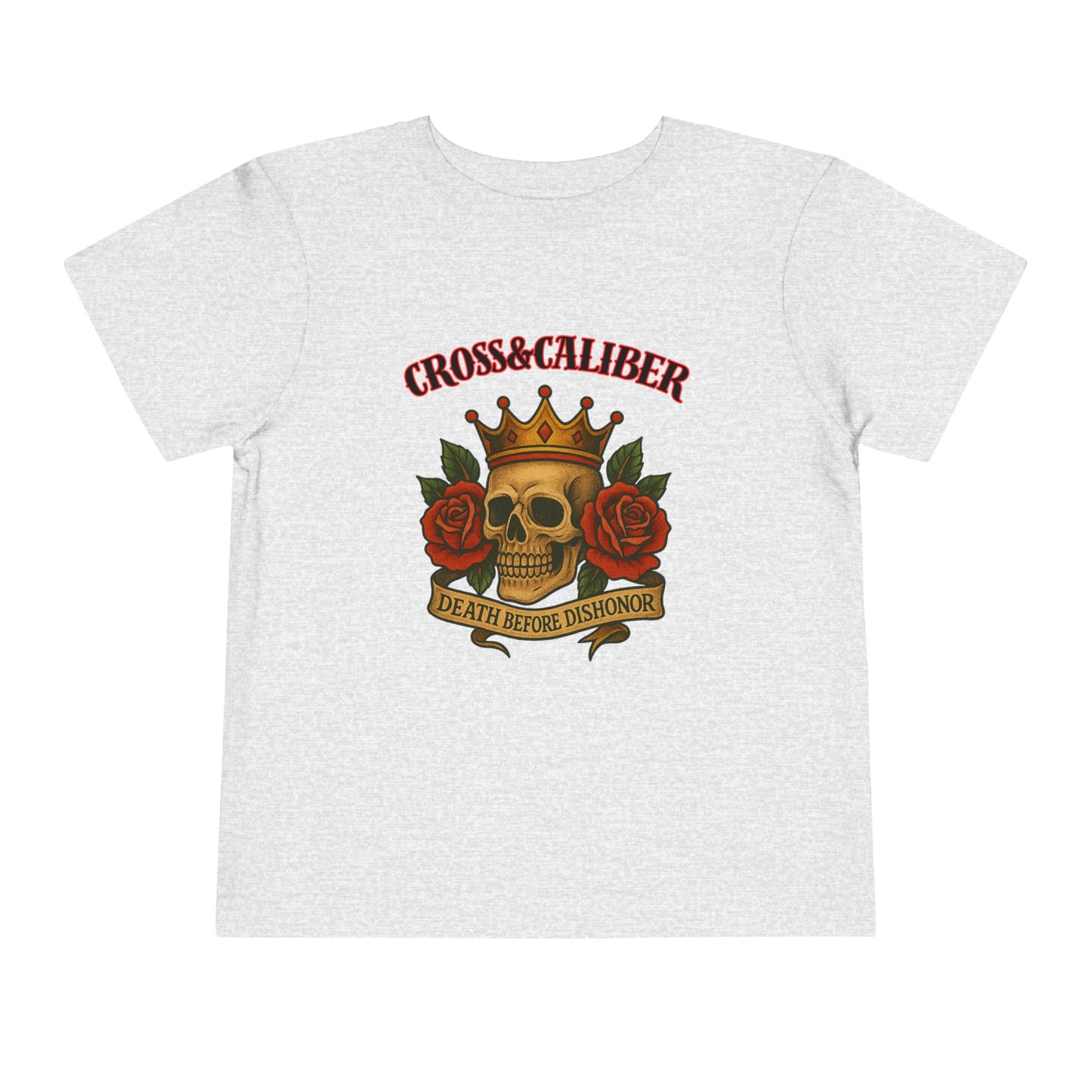Cool Toddler T-Shirt: Cross & Caliber, Death Before Dishonor, Skull and Roses, Trendy Kids Tee, Unique Gift for Boys & Girls