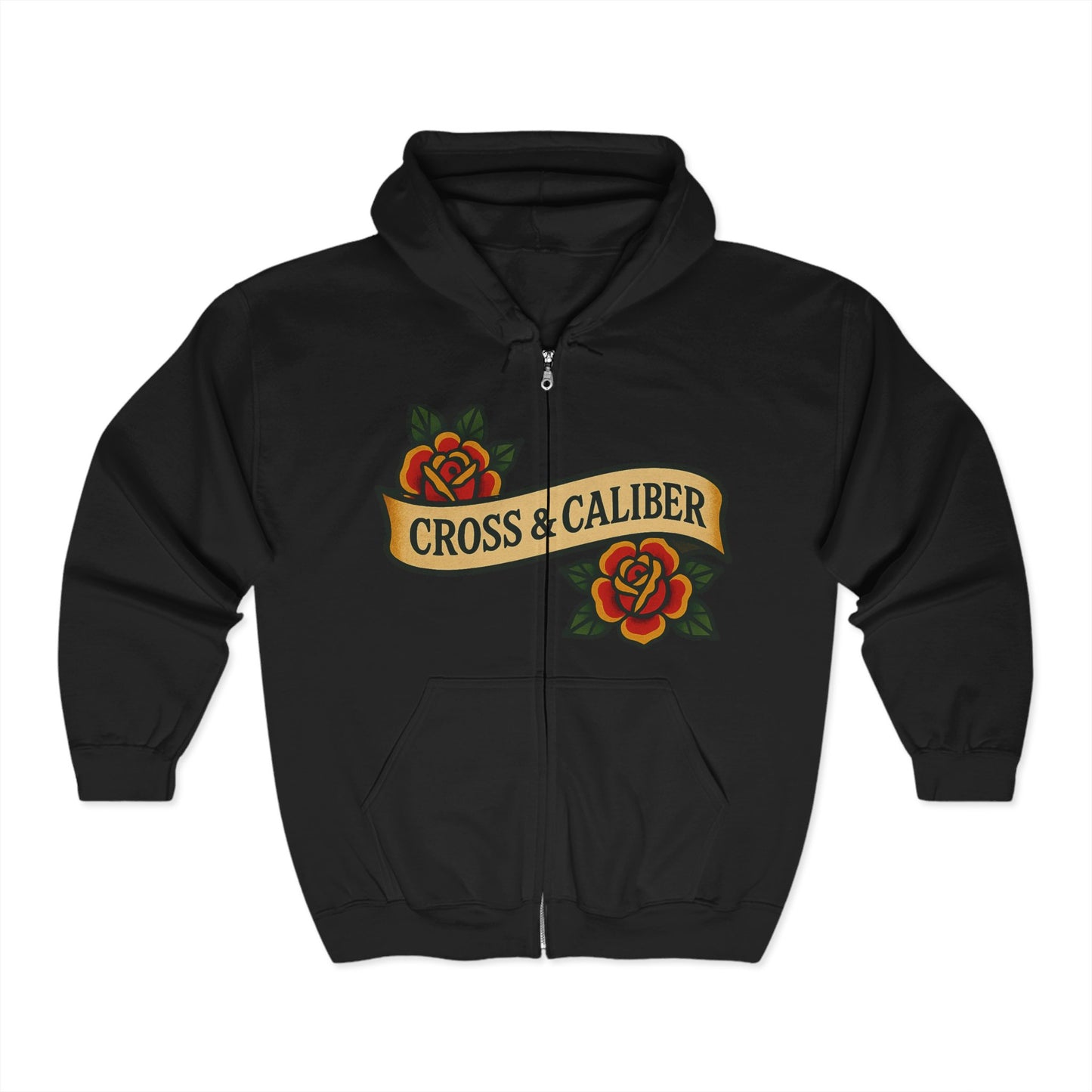 Cross & Caliber Heavy Blend Zip Hoodie - Skull & Roses Design