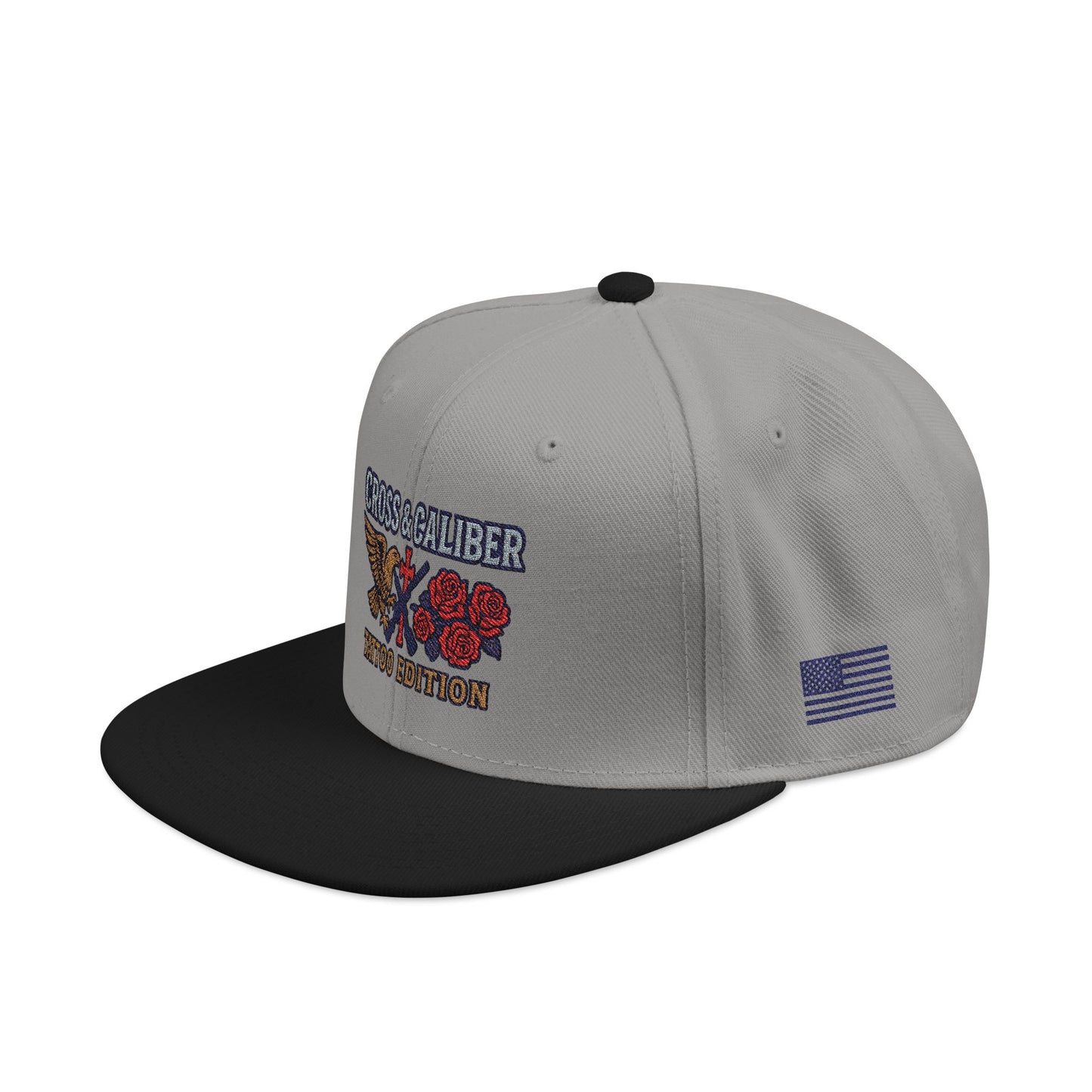 Embroidered Snapback Hat - Cross & Caliber Tattoo Edition