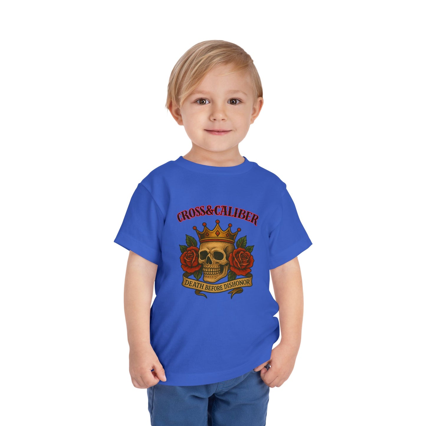 Cool Toddler T-Shirt: Cross & Caliber, Death Before Dishonor, Skull and Roses, Trendy Kids Tee, Unique Gift for Boys & Girls