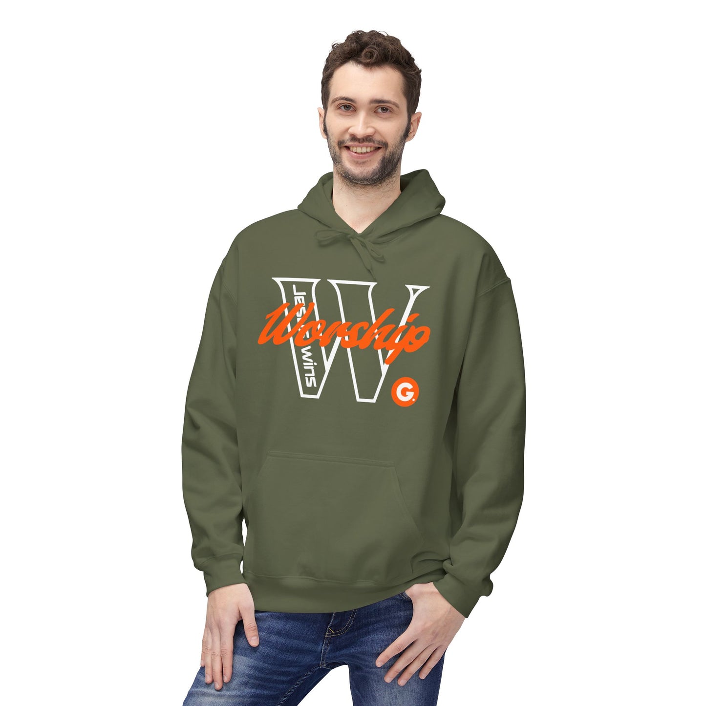 Worship V Graphic Hoodie - Orange Script Church Apparel