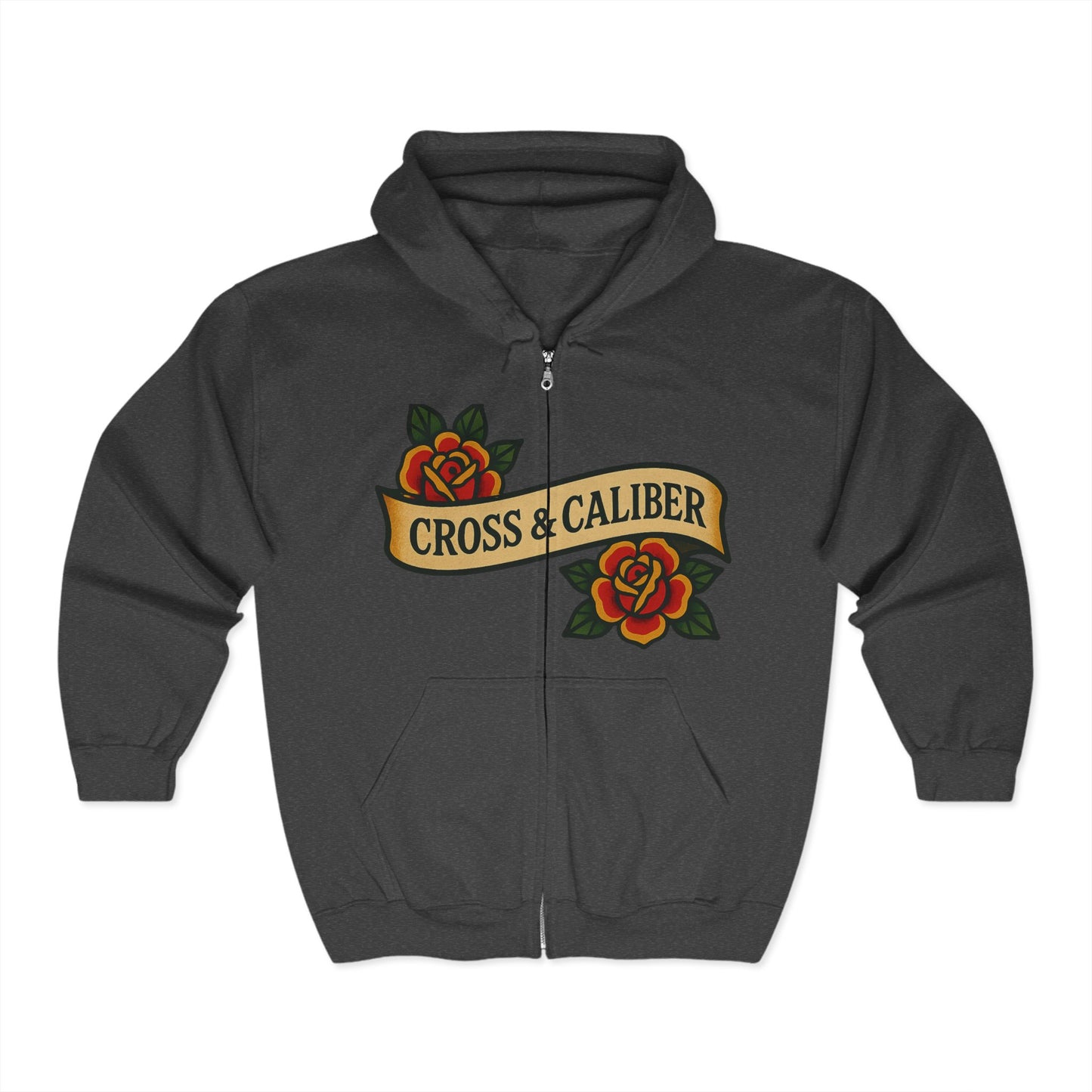 Cross & Caliber Heavy Blend Zip Hoodie - Skull & Roses Design
