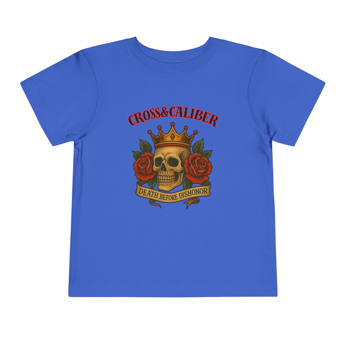 Cool Toddler T-Shirt: Cross & Caliber, Death Before Dishonor, Skull and Roses, Trendy Kids Tee, Unique Gift for Boys & Girls