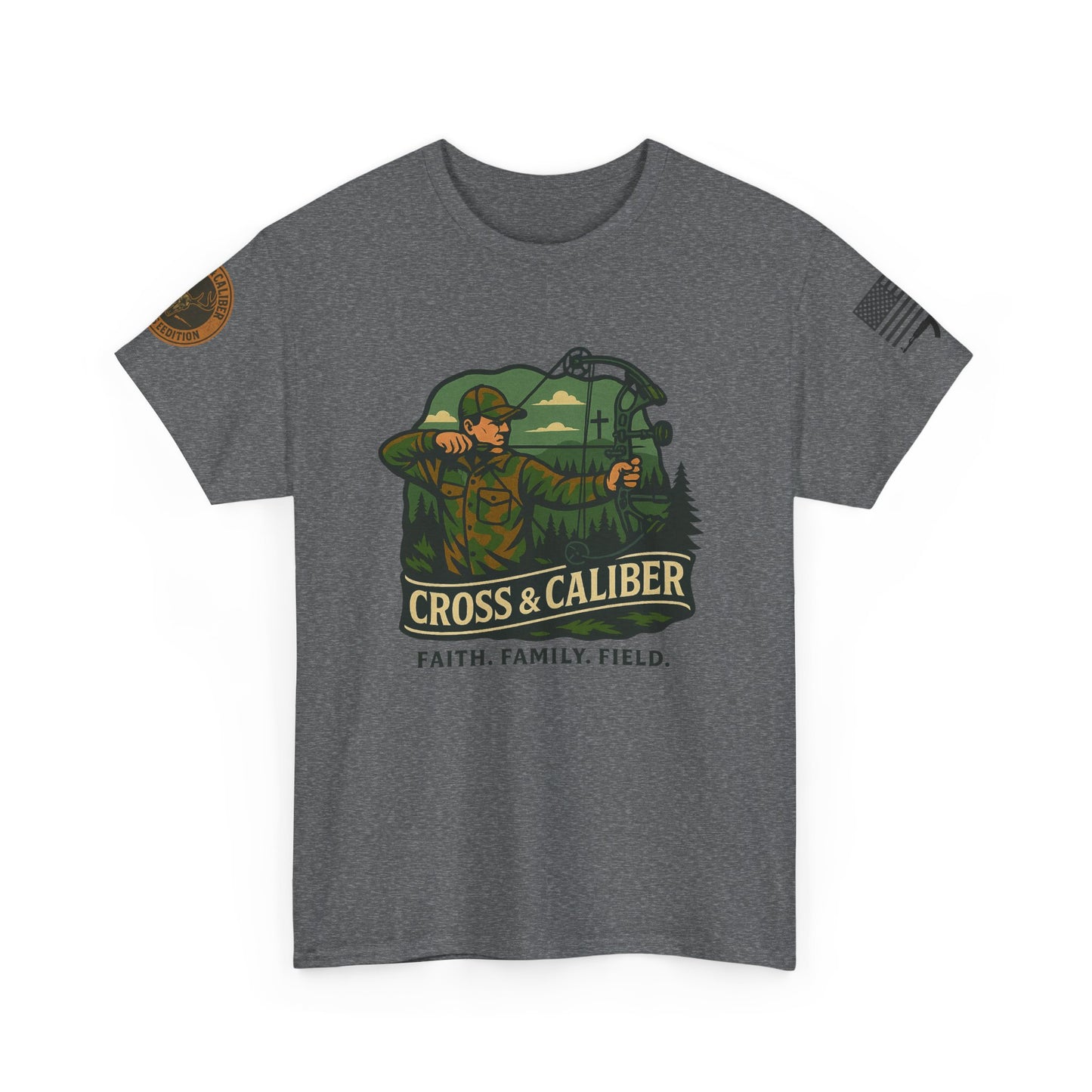 Faith Family Field Unisex Heavy Cotton Tee, Hunting Shirt, Outdoor Lover Gift, Men's Tee, Casual Wear, Patriotic Apparel, Adventure Outfit