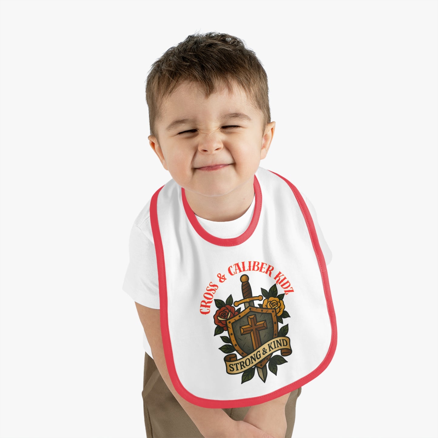 Strong & Kind Baby Bib – Contrast Trim Jersey Design for Toddlers