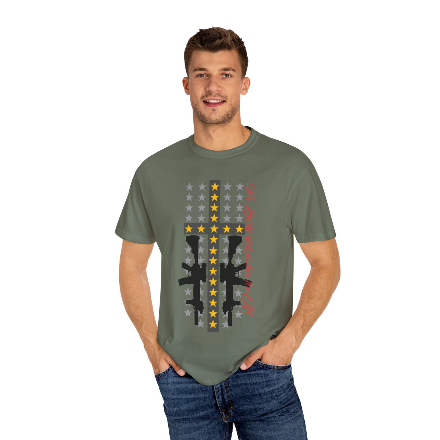 Cross & Guns Graphic Tee, Unisex Fashion Shirt, Casual Wear, Gift for Veterans, Independence Day Apparel, Statement T-shirt