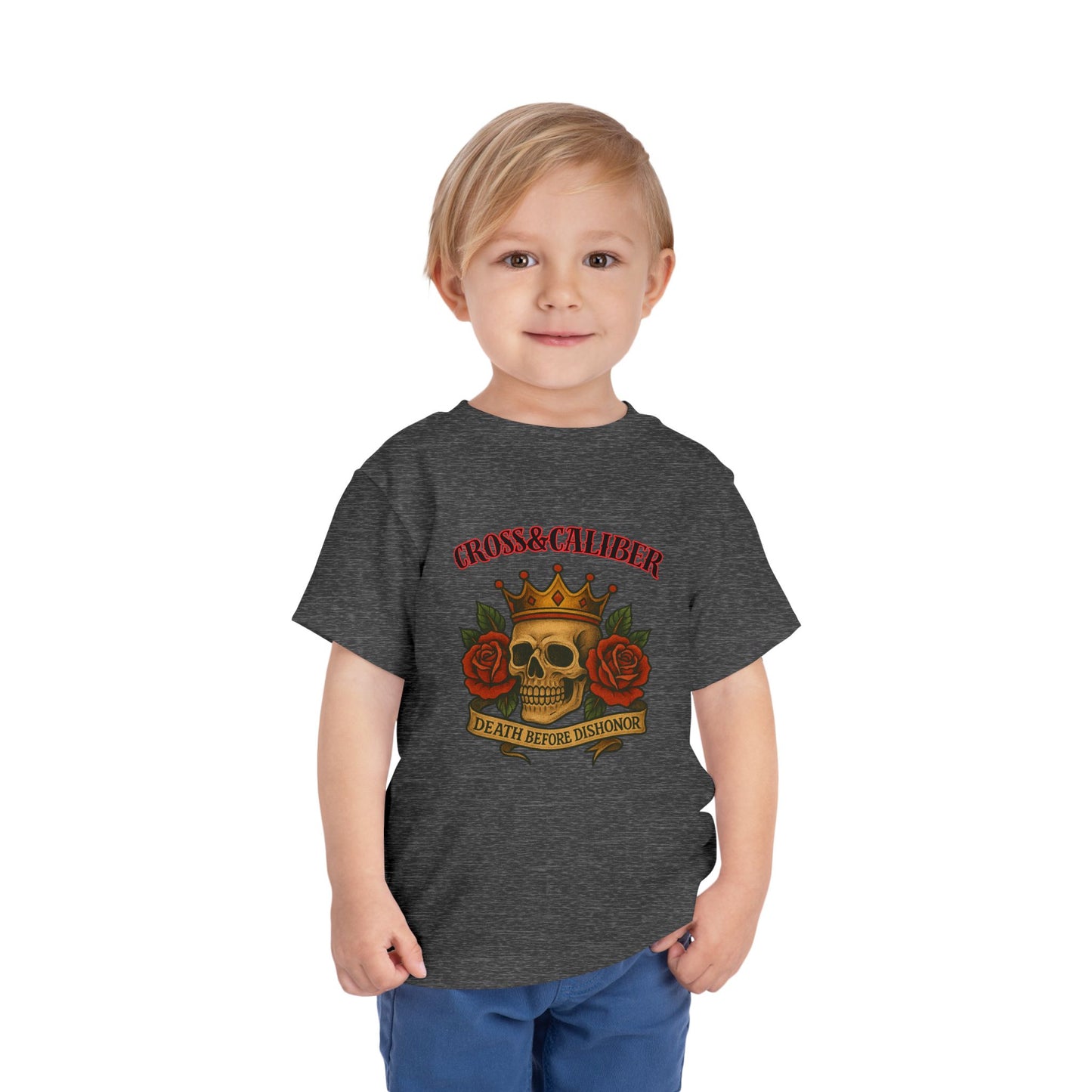 Cool Toddler T-Shirt: Cross & Caliber, Death Before Dishonor, Skull and Roses, Trendy Kids Tee, Unique Gift for Boys & Girls