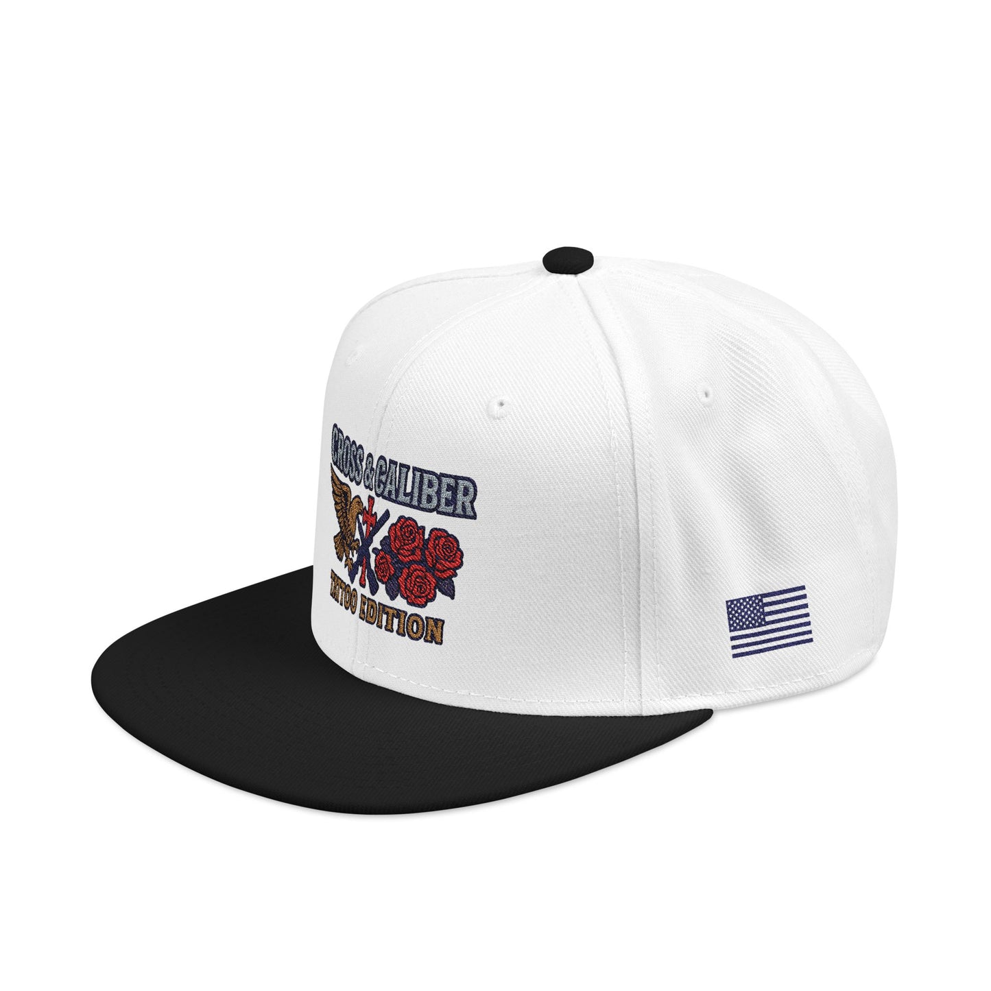 Embroidered Snapback Hat - Cross & Caliber Tattoo Edition