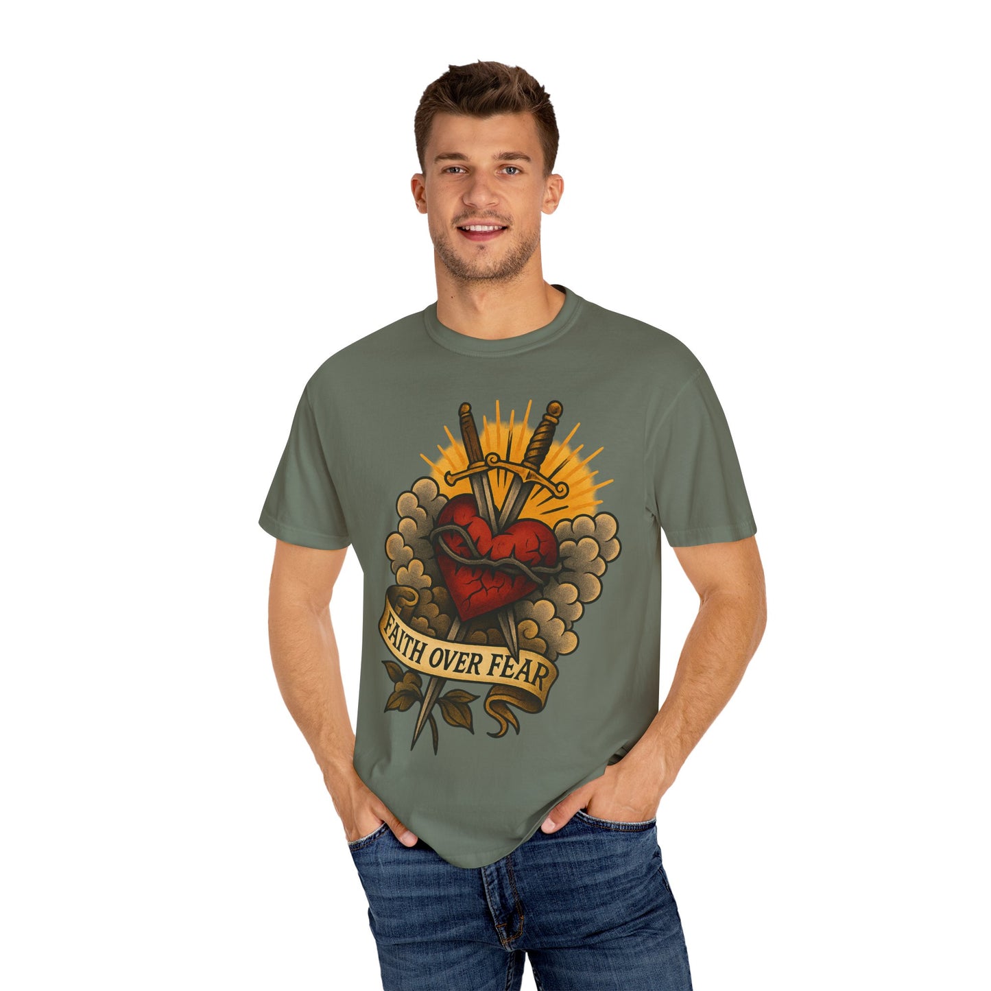 Faith Over Fear Unisex Garment-Dyed T-Shirt - Edgy Heart Design