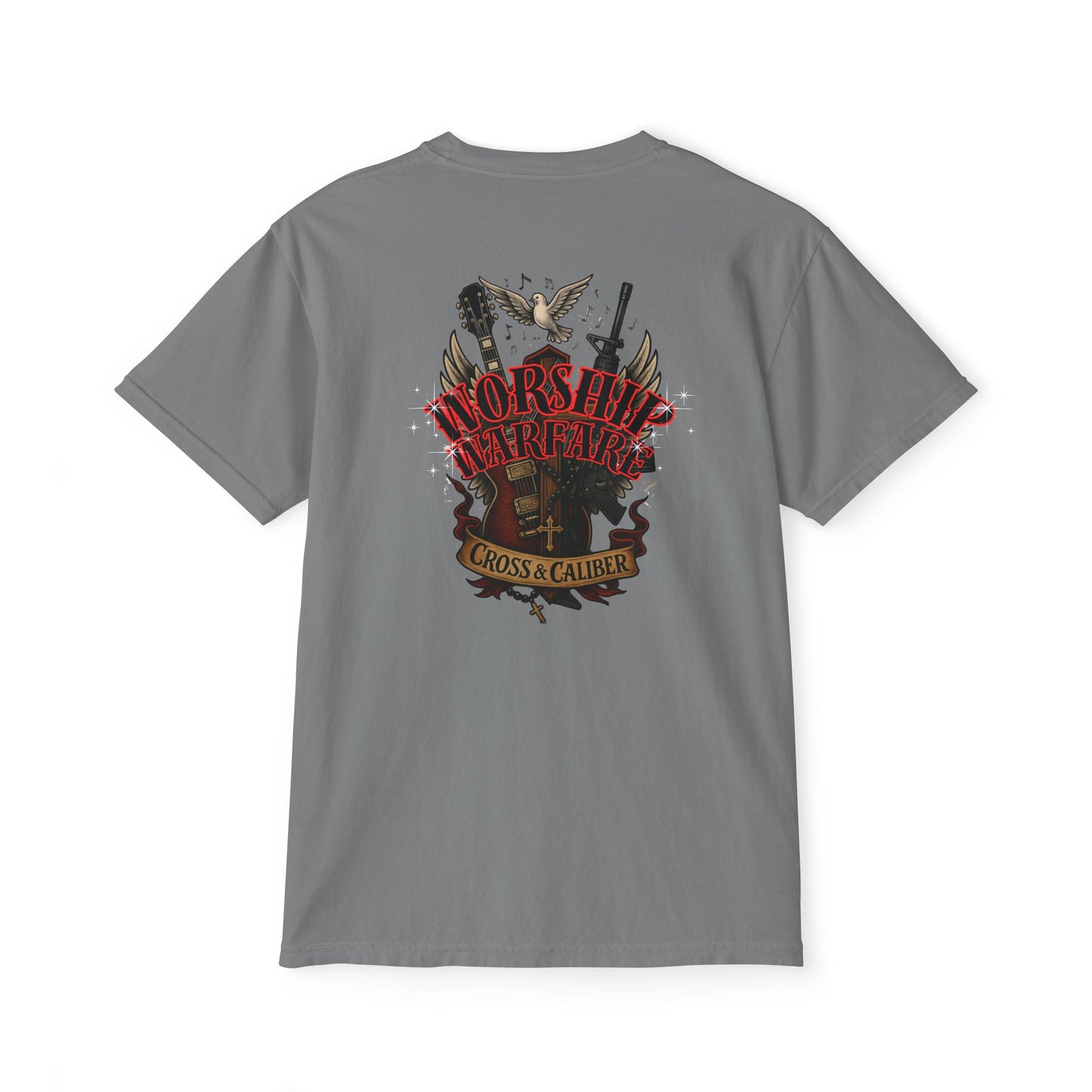 Worship Warfare T-Shirt, Unisex Pocket Tee, Music Lover Gift, Casual Everyday Wear, Rock Concert Attire, Faith-Inspired