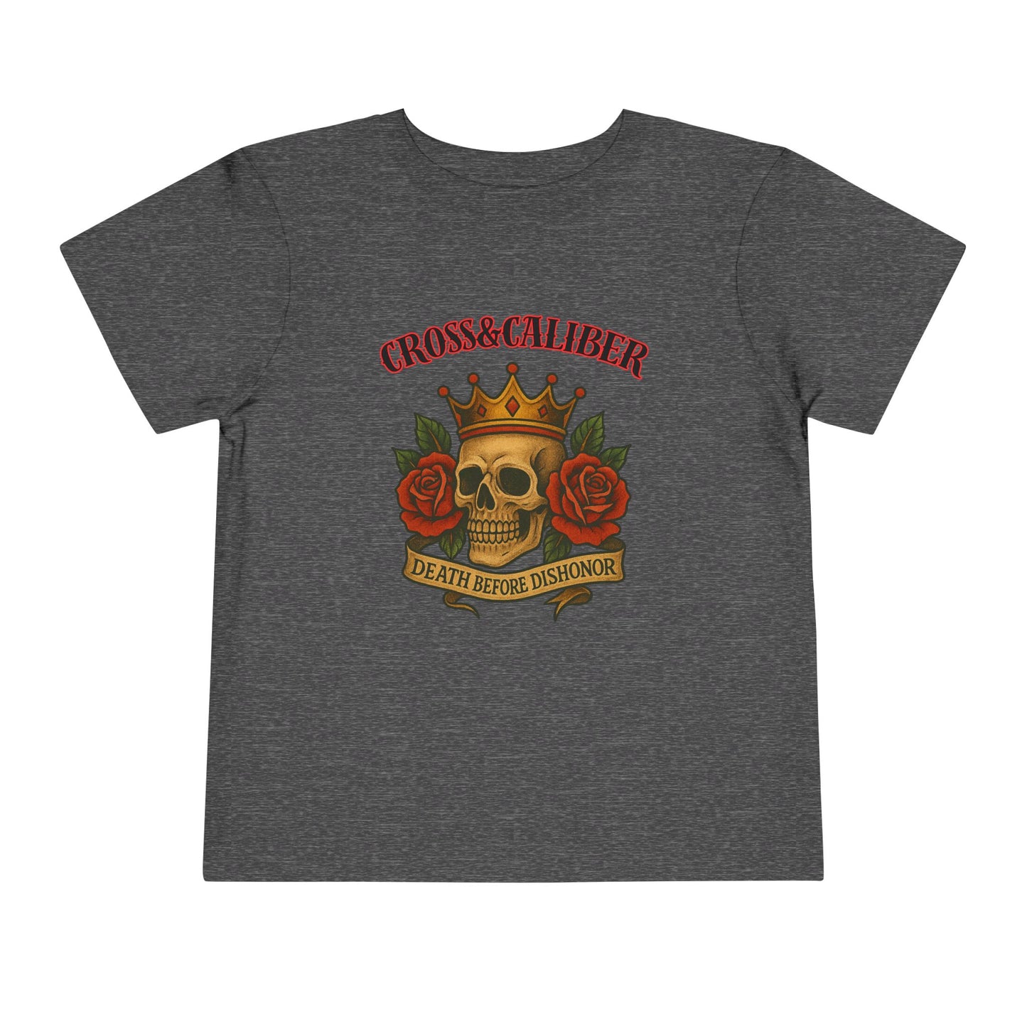 Cool Toddler T-Shirt: Cross & Caliber, Death Before Dishonor, Skull and Roses, Trendy Kids Tee, Unique Gift for Boys & Girls