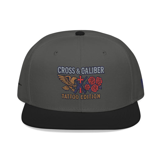Embroidered Snapback Hat - Cross & Caliber Tattoo Edition