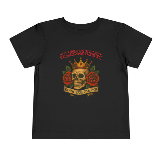 Cool Toddler T-Shirt: Cross & Caliber, Death Before Dishonor, Skull and Roses, Trendy Kids Tee, Unique Gift for Boys & Girls