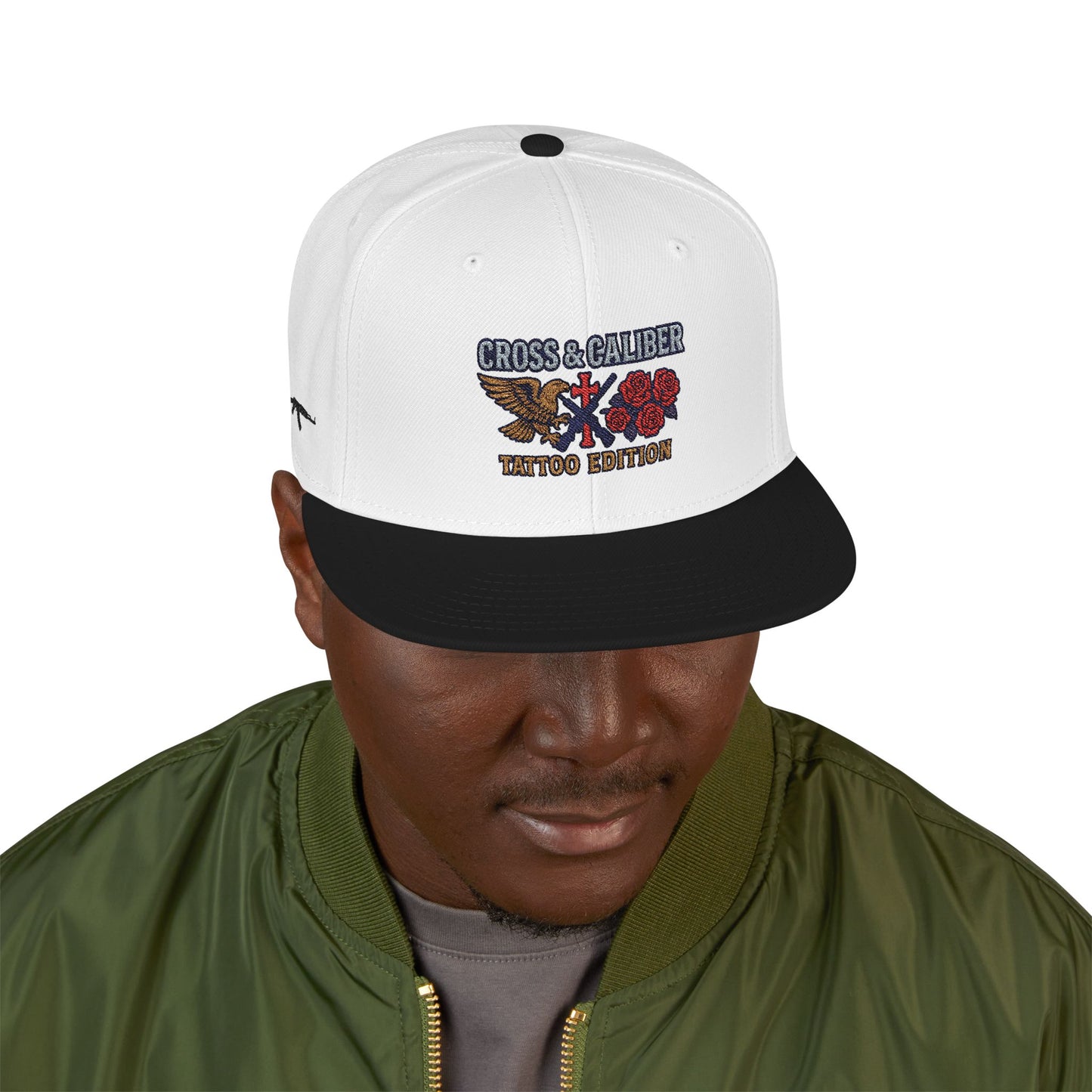 Embroidered Snapback Hat - Cross & Caliber Tattoo Edition
