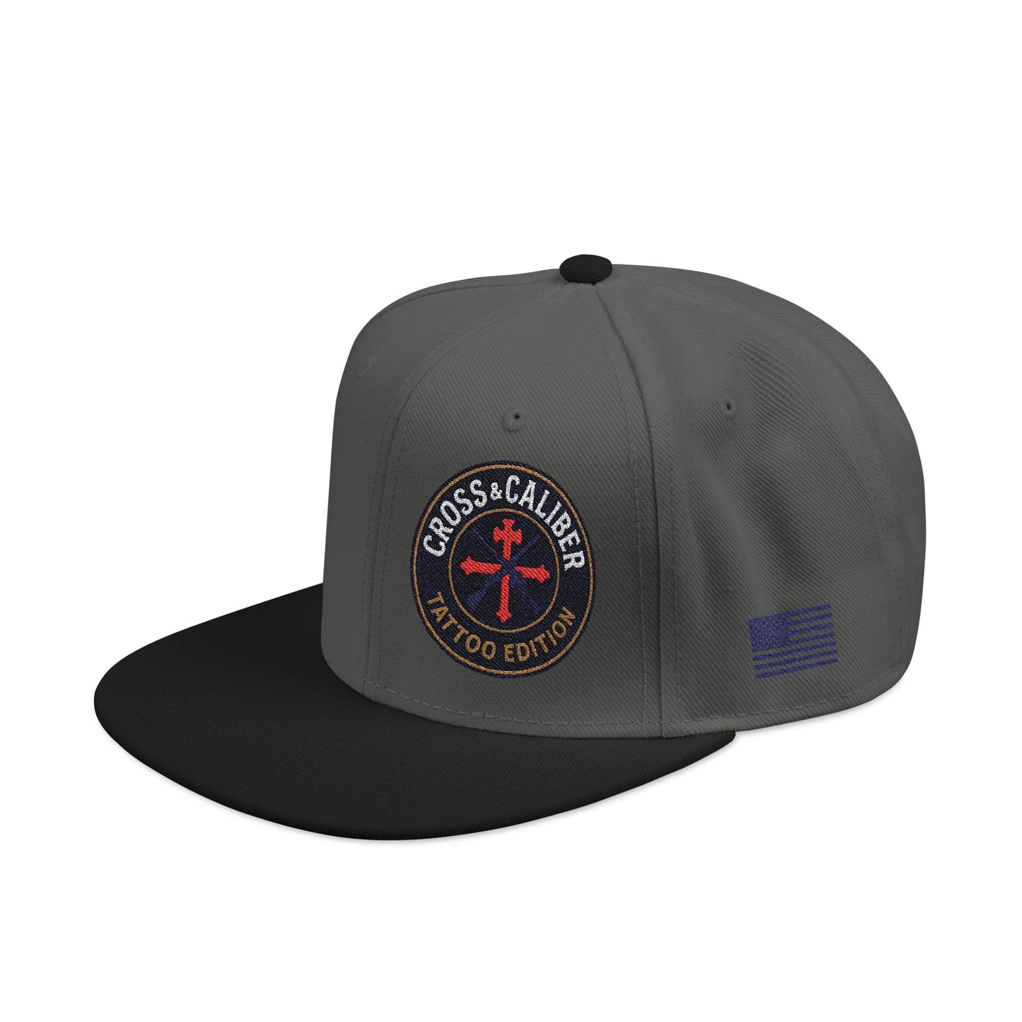 Embroidered Snapback Hat - Cross & Caliber Tattoo Edition