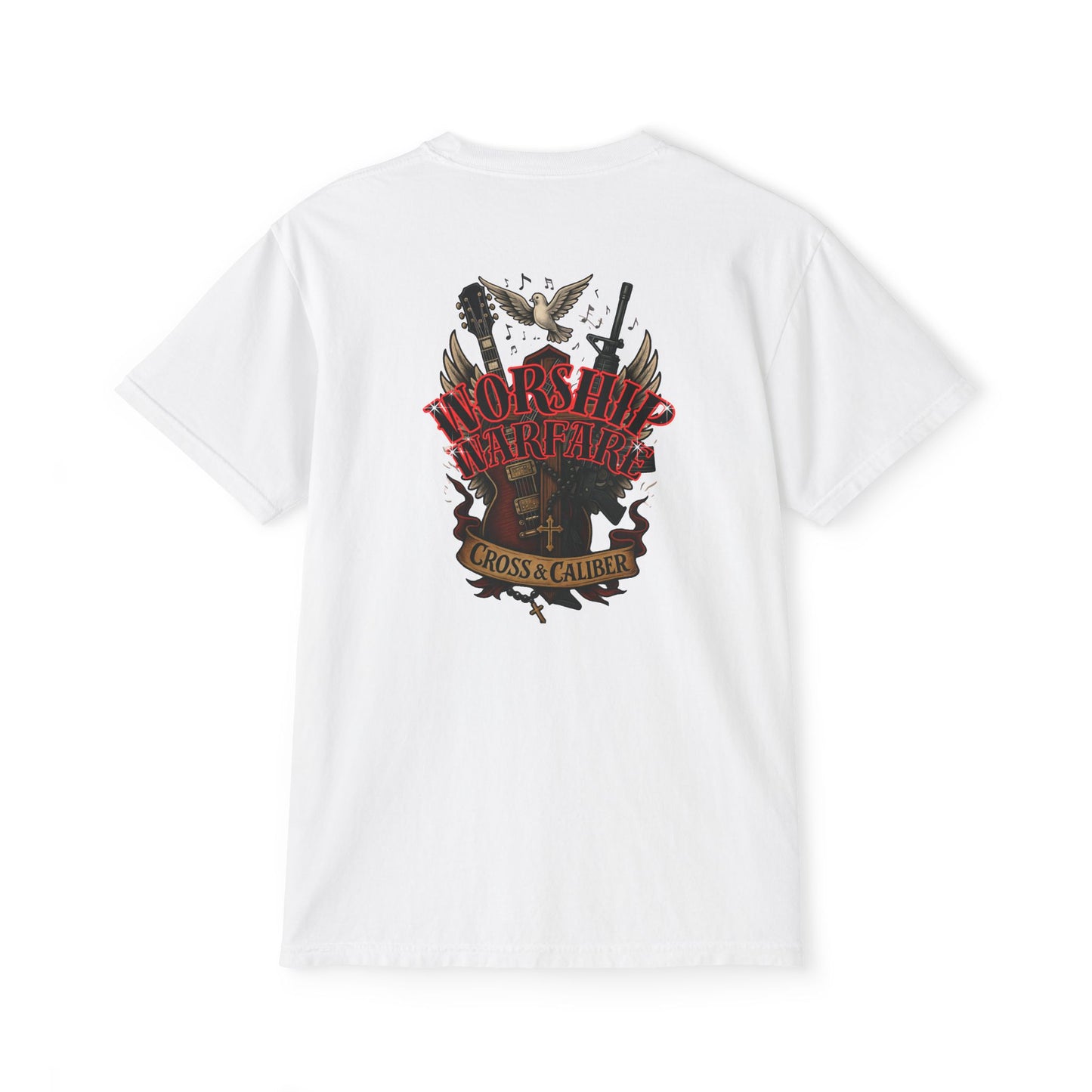 Worship Warfare T-Shirt, Unisex Pocket Tee, Music Lover Gift, Casual Everyday Wear, Rock Concert Attire, Faith-Inspired