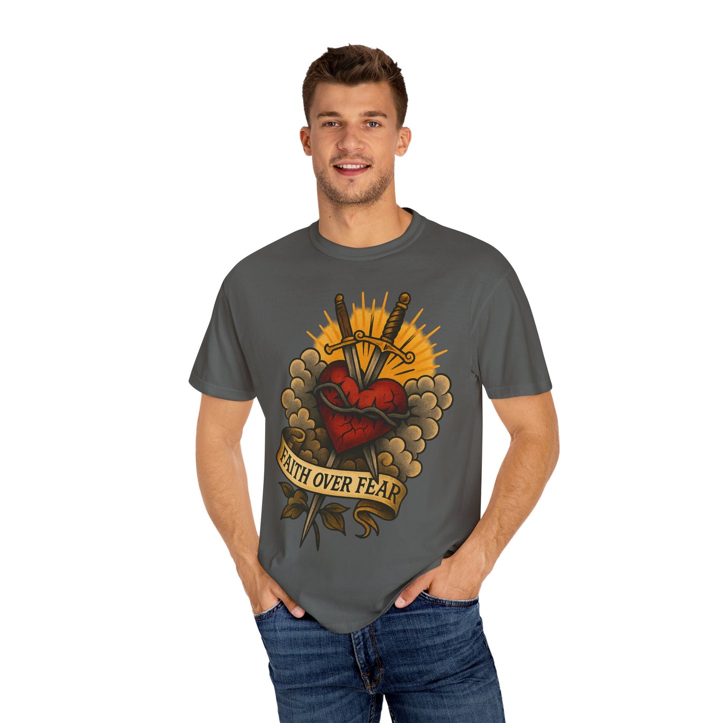 Faith Over Fear Unisex Garment-Dyed T-Shirt - Edgy Heart Design