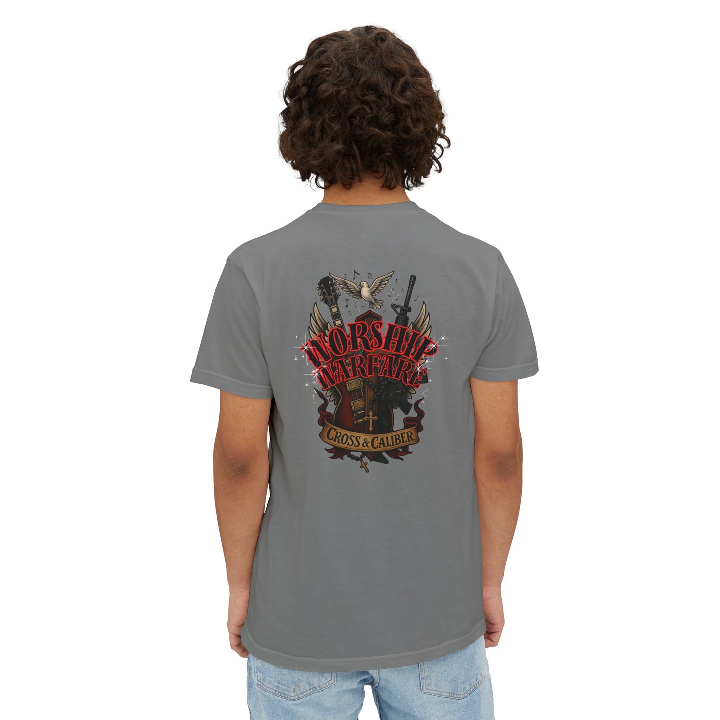 Worship Warfare T-Shirt, Unisex Pocket Tee, Music Lover Gift, Casual Everyday Wear, Rock Concert Attire, Faith-Inspired