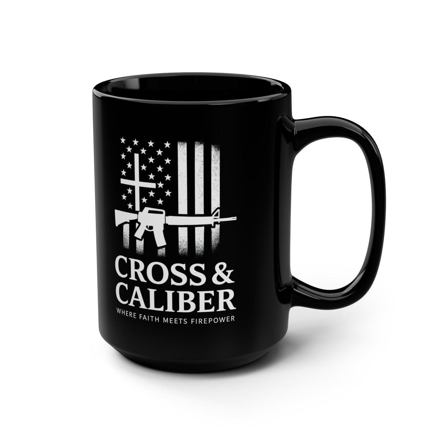 Cross & Caliber Faith Mug - 15oz Black Coffee Cup for Patriotic Americans