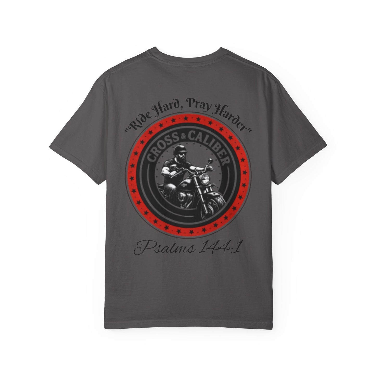 Motorcycle Enthusiast T-Shirt - Cross & Caliber Design with Inspirational Quote
