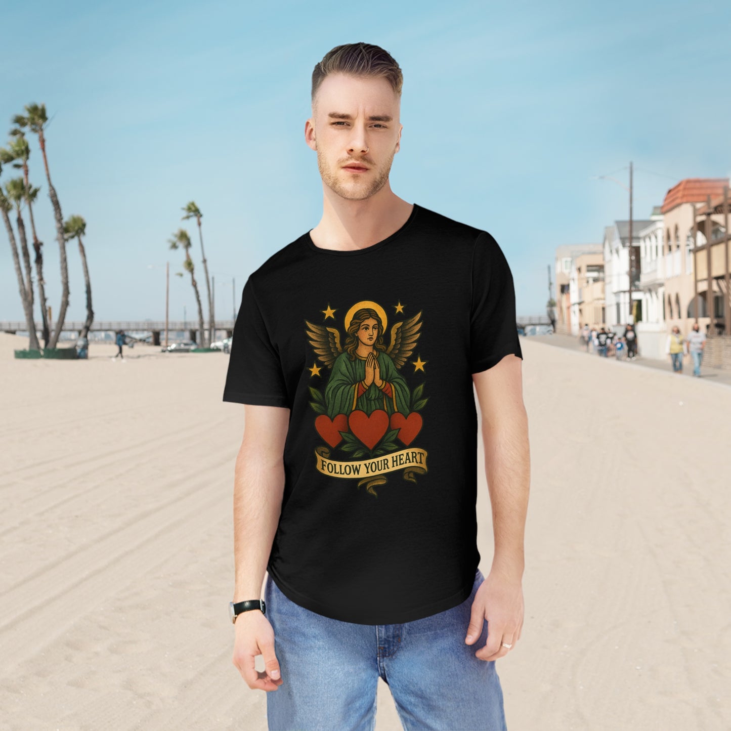 Men's Jersey Curved Hem Tee - Follow Your Heart Design