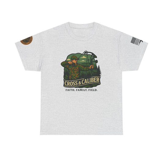 Faith Family Field Unisex Heavy Cotton Tee, Hunting Shirt, Outdoor Lover Gift, Men's Tee, Casual Wear, Patriotic Apparel, Adventure Outfit