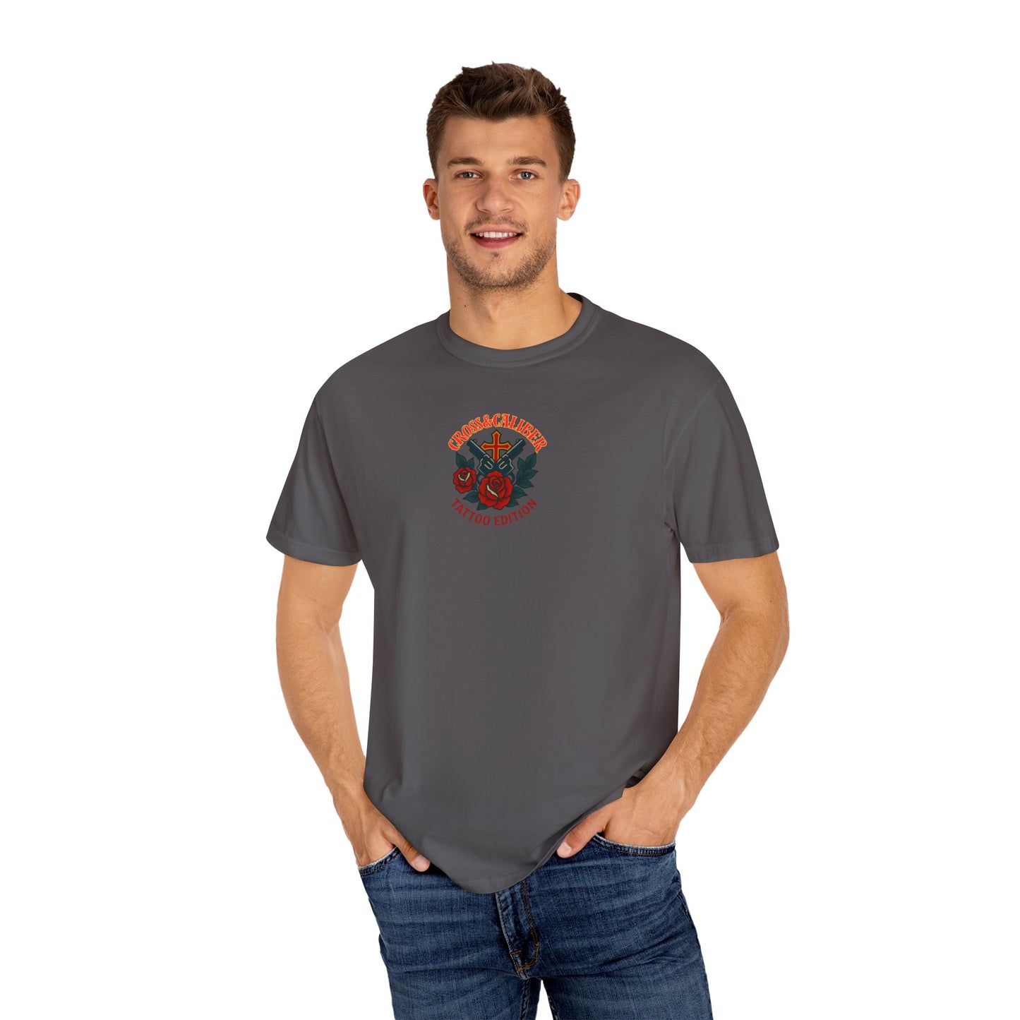 Unisex Tattoo Edition T-Shirt with Cross and Roses - Garment-Dyed for a Vintage Vibe