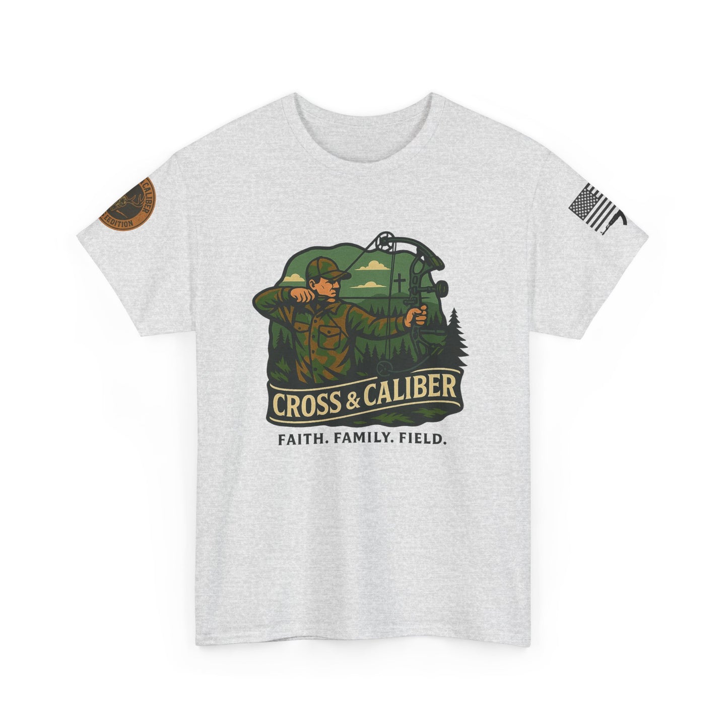 Faith Family Field Unisex Heavy Cotton Tee, Hunting Shirt, Outdoor Lover Gift, Men's Tee, Casual Wear, Patriotic Apparel, Adventure Outfit