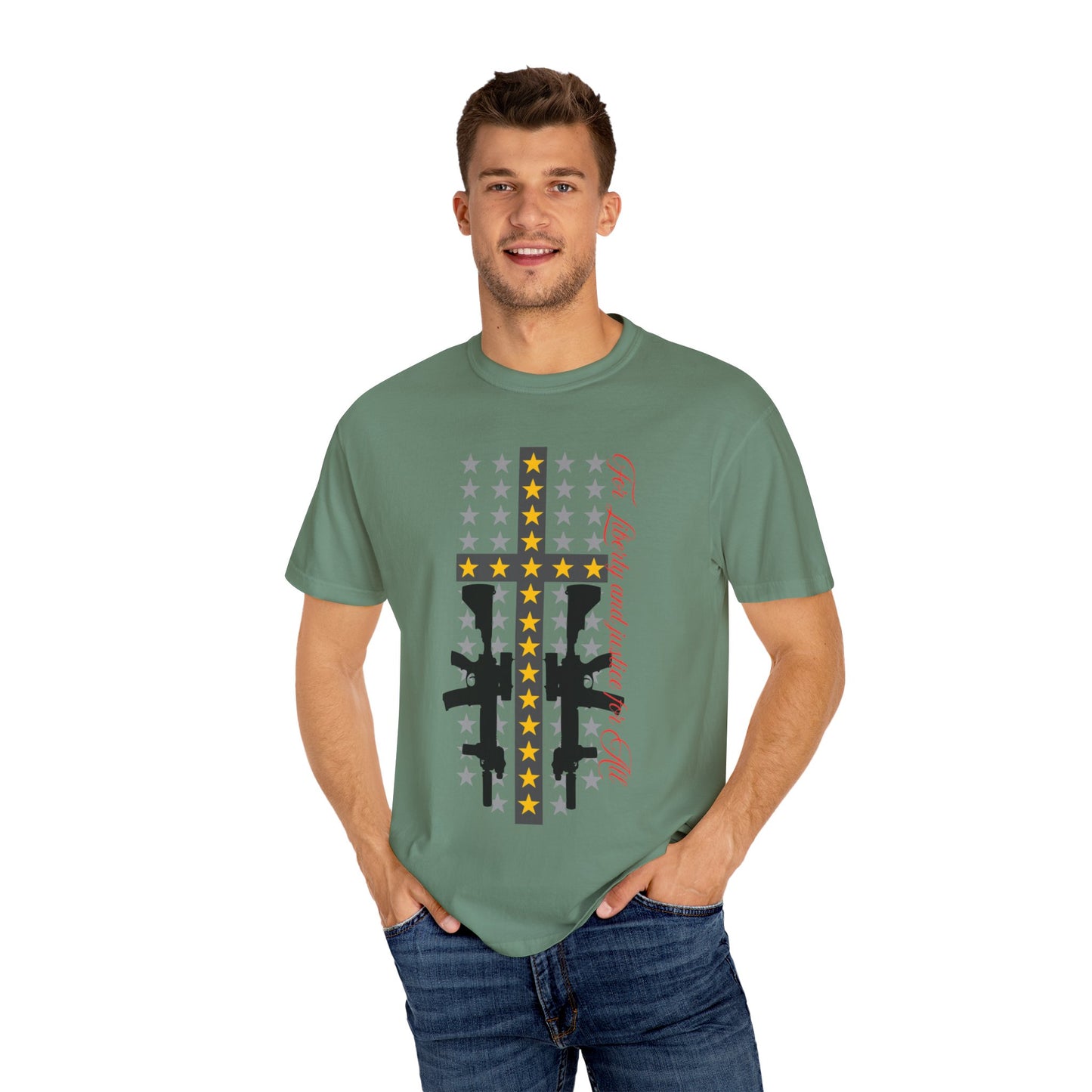 Cross & Guns Graphic Tee, Unisex Fashion Shirt, Casual Wear, Gift for Veterans, Independence Day Apparel, Statement T-shirt