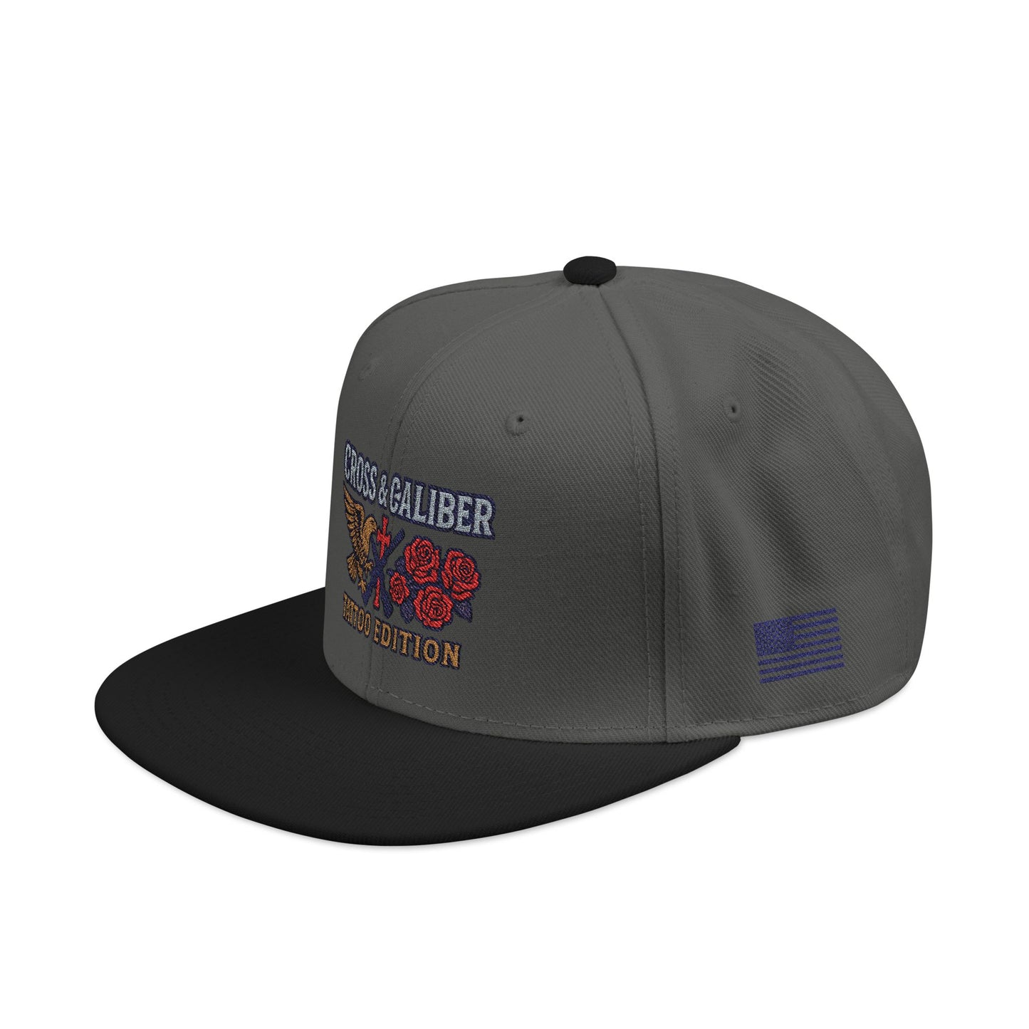 Embroidered Snapback Hat - Cross & Caliber Tattoo Edition
