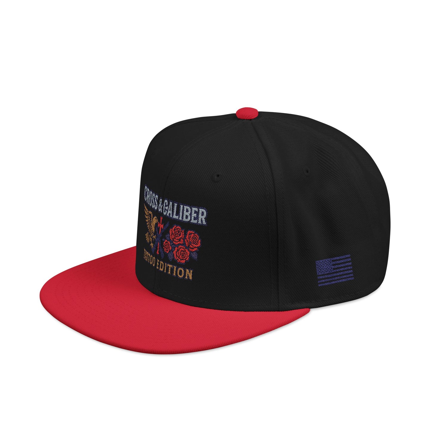 Embroidered Snapback Hat - Cross & Caliber Tattoo Edition
