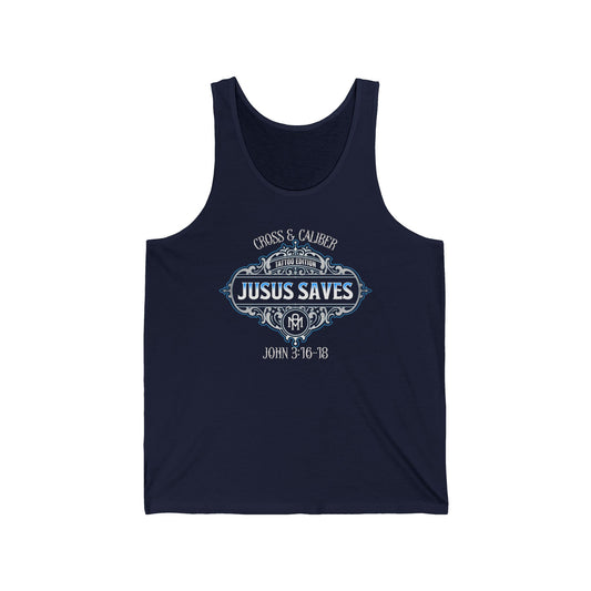 Jesus Saves Unisex Jersey Tank - Inspirational Christian Tank Top, Faith Apparel, Casual Summer Wear, Religious Gift, Bible Verse Clothing